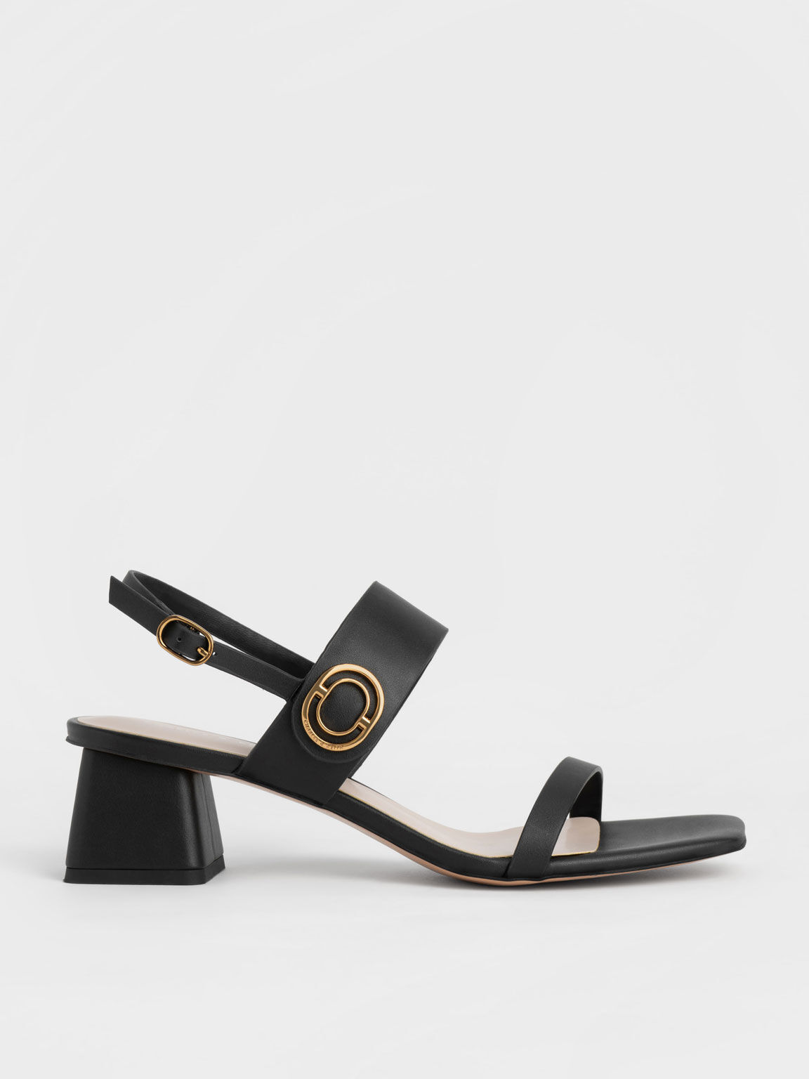 Black Metallic Accent Trapeze Heel Sandals - CHARLES & KEITH SG