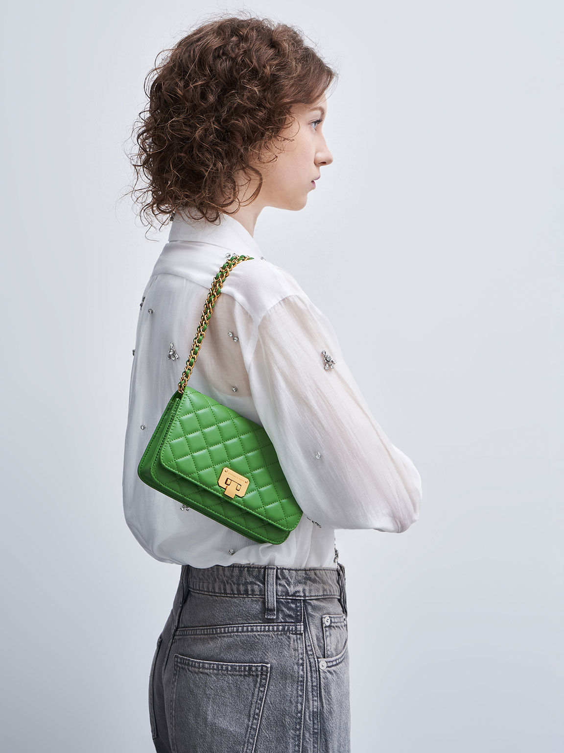 Green Quilted Push-Lock Clutch - CHARLES & KEITH International