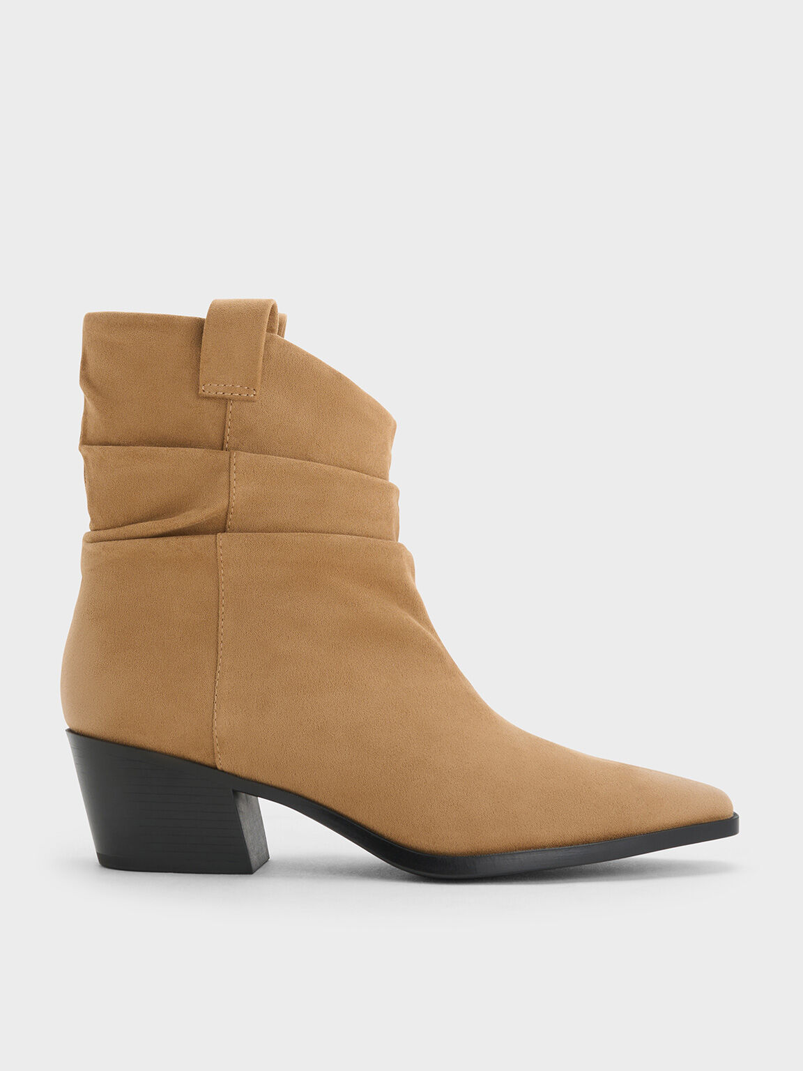 Textured Ruched Almond-Toe Cowboy Ankle Boots, Tan, hi-res