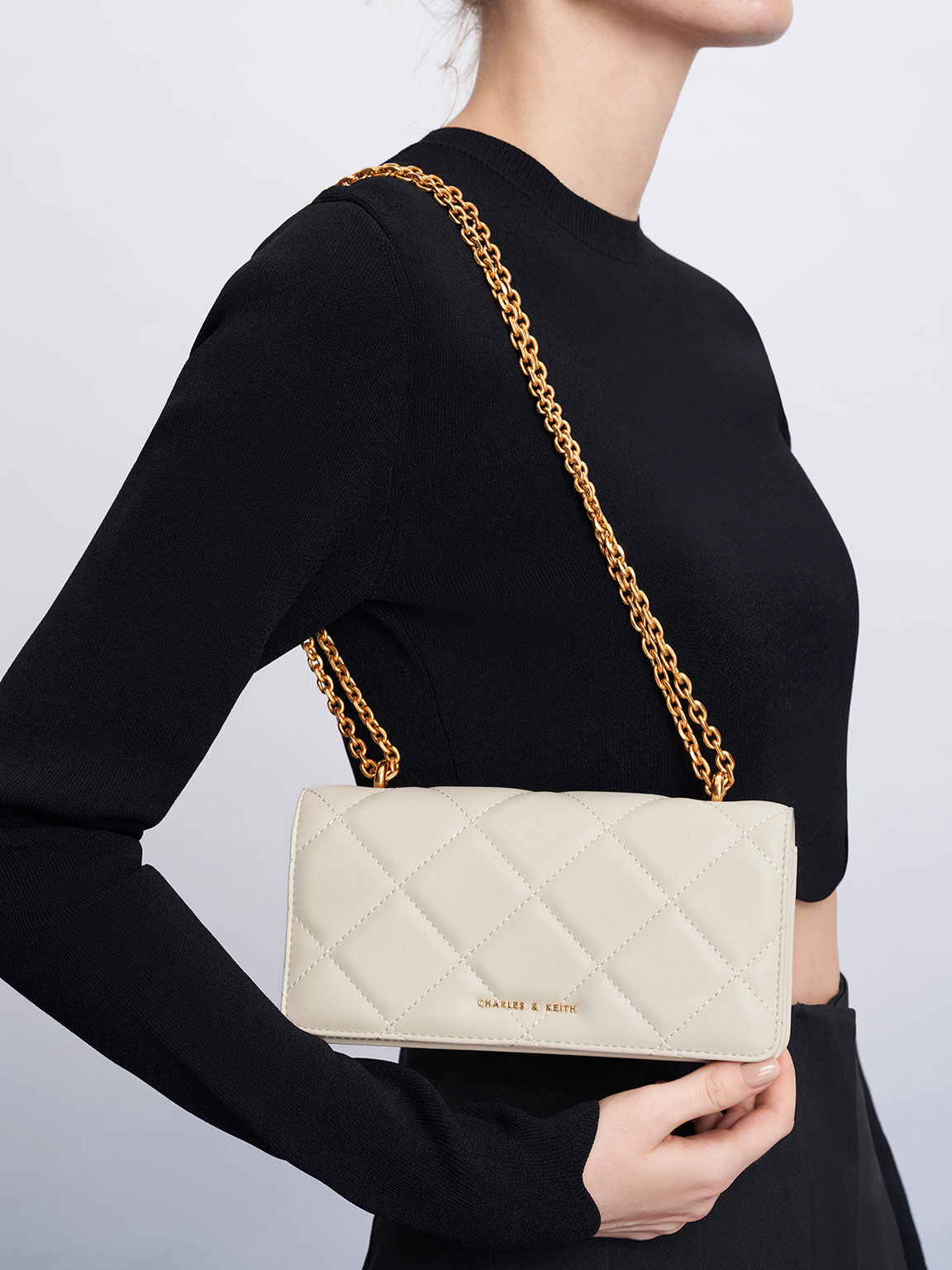 Cream Paffuto Chain Handle Quilted Long Wallet - CHARLES & KEITH 
