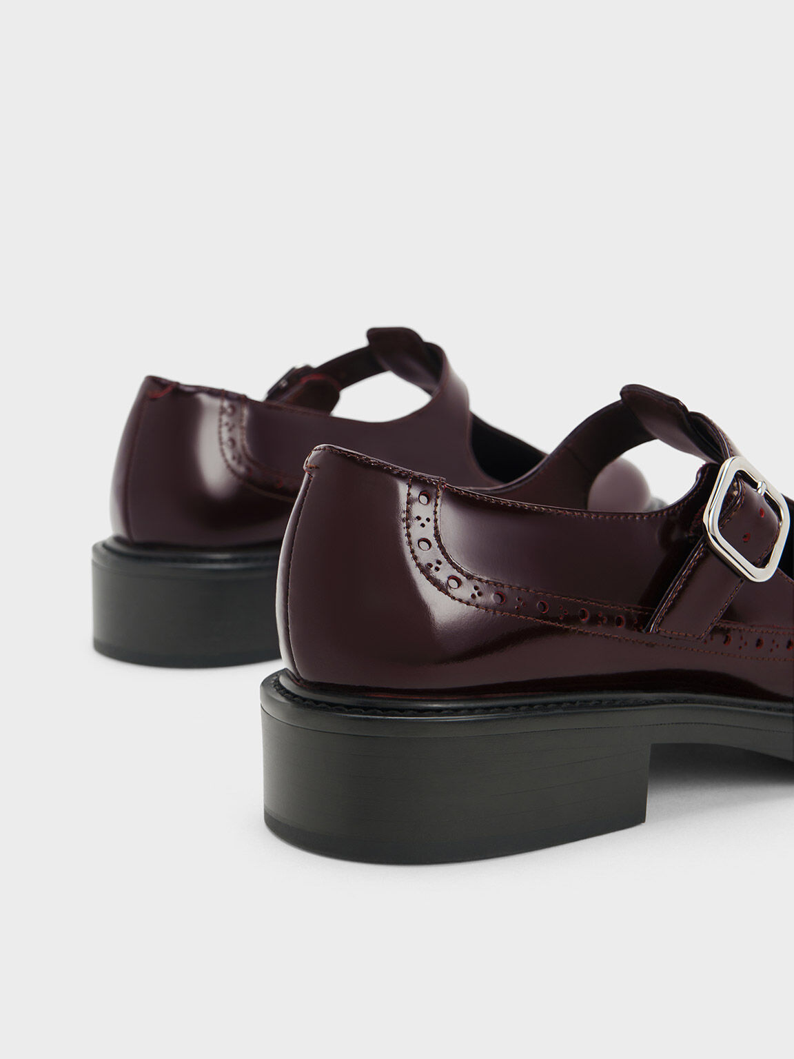 Brogue Leather T-Bar Mary Janes - Maroon