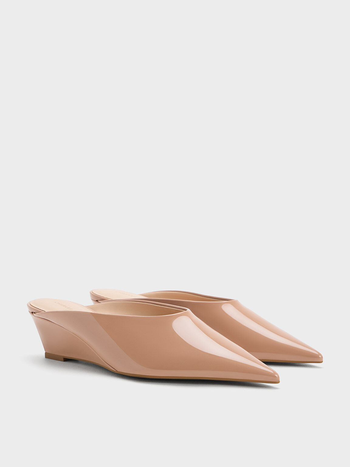 Nude Patent Pointed-Toe Wedge Mules - CHARLES & KEITH BR