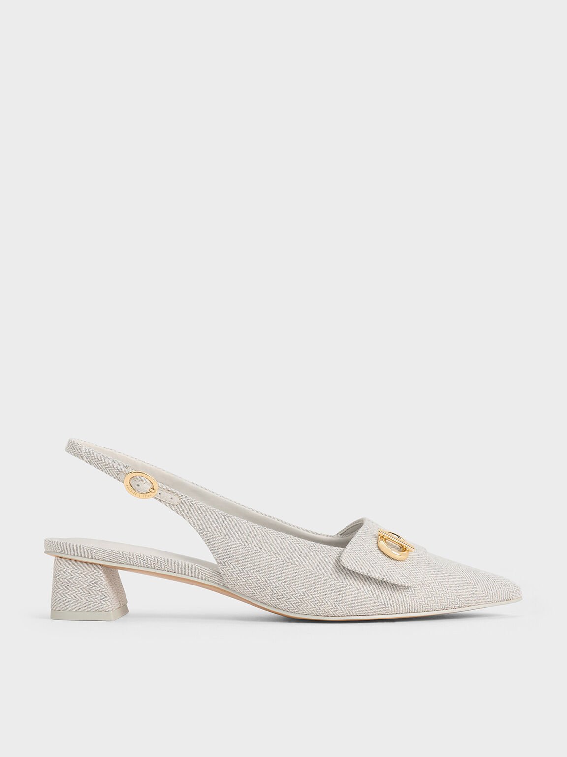 Tweed Metallic-Accent Pointed-Toe Slingback Pumps, Light Grey, hi-res