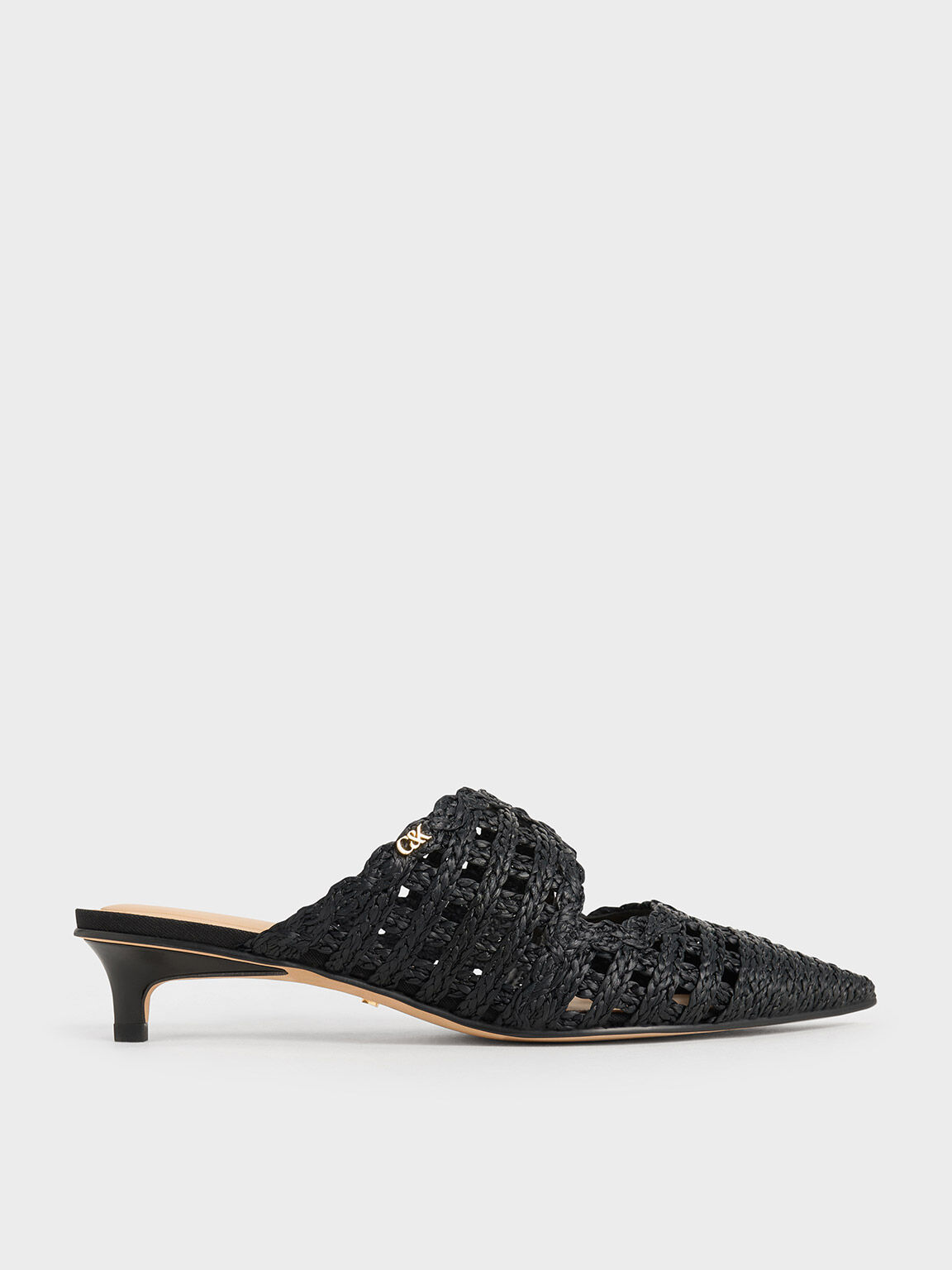 Raffia Kitten-Heel Pointed-Toe Mules, Black Textured, hi-res