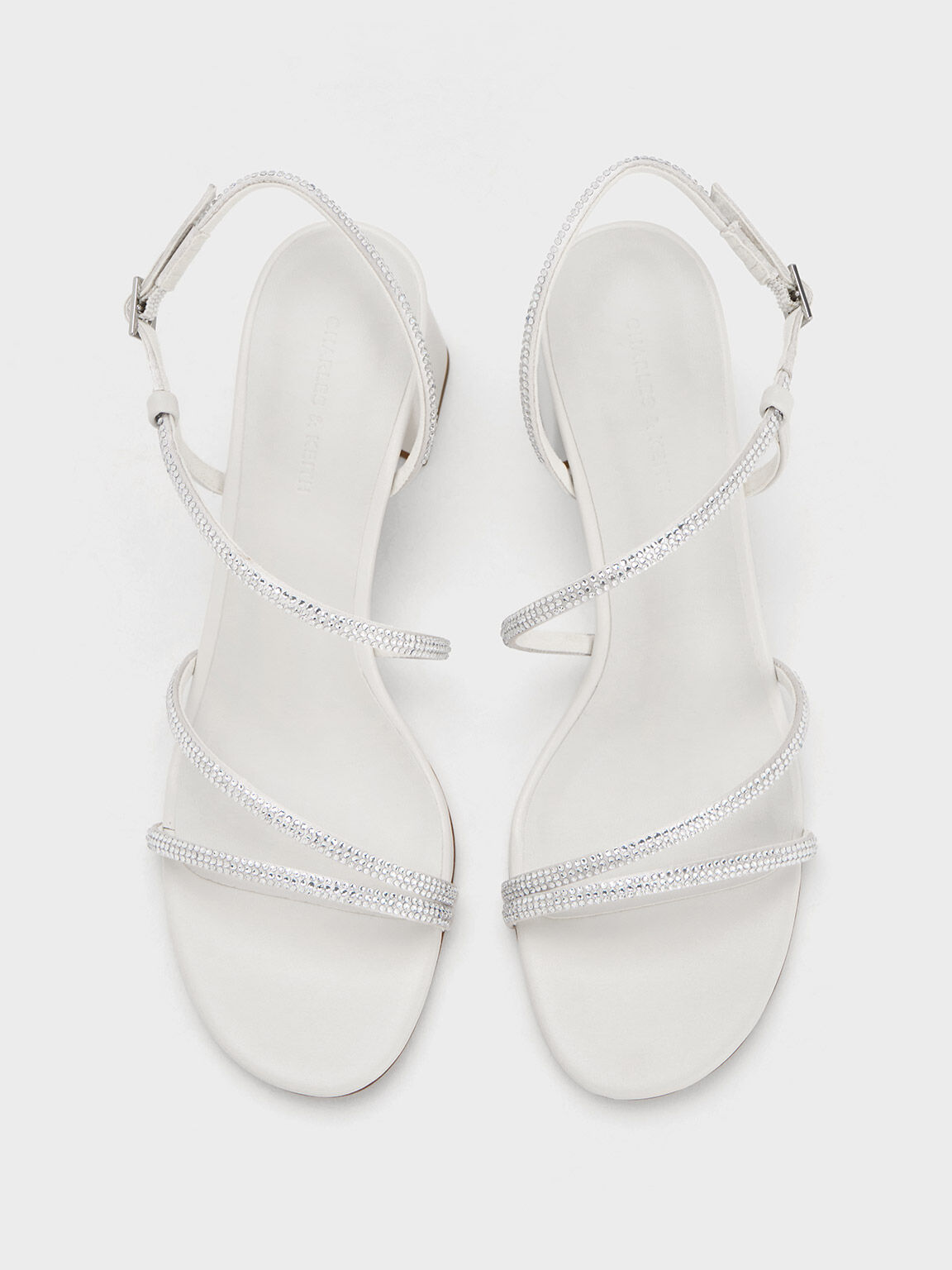 Satin Crystal-Embellished Strappy Sandals, White, hi-res