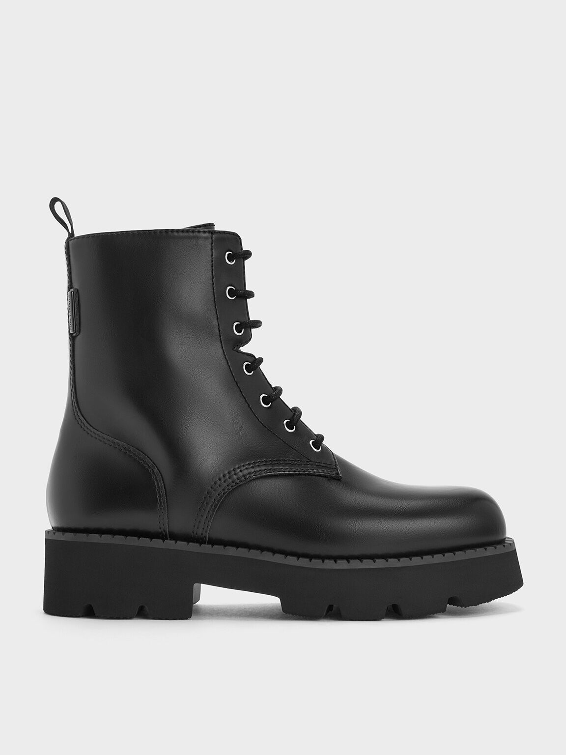 Ridged-Sole Lace-Up Combat Boots, Black, hi-res