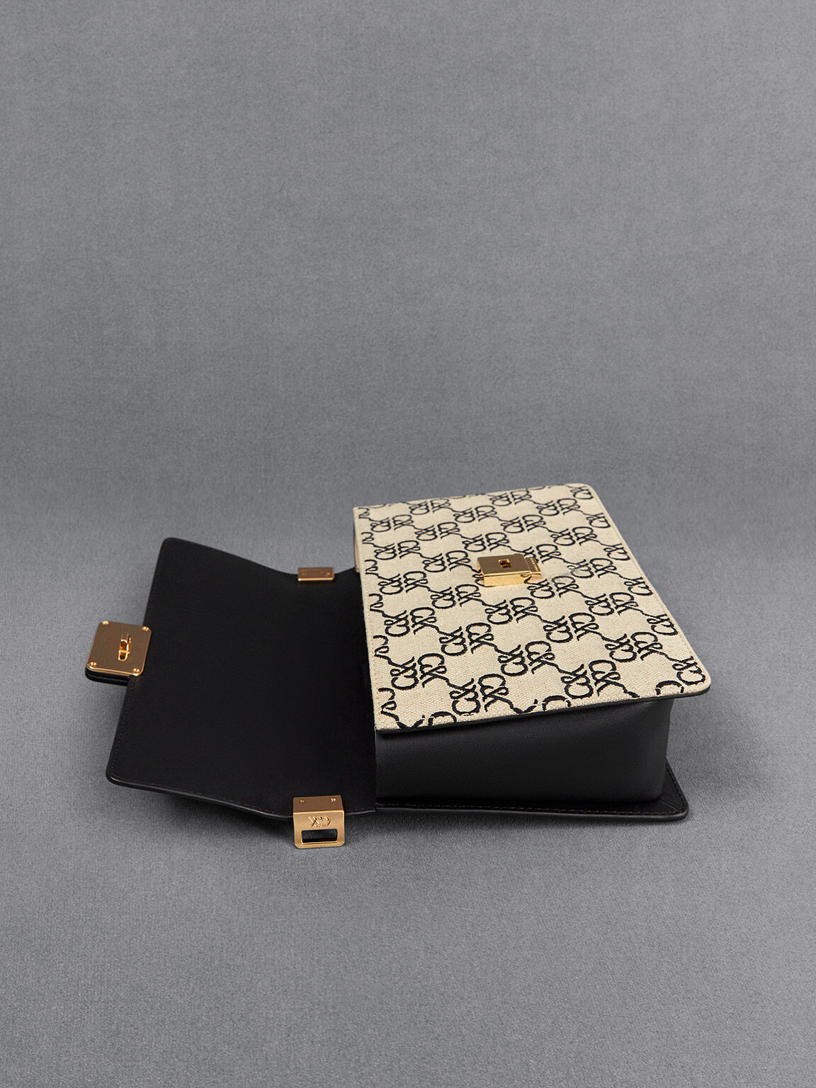 Leather & Canvas Monogram Shoulder Bag - Black
