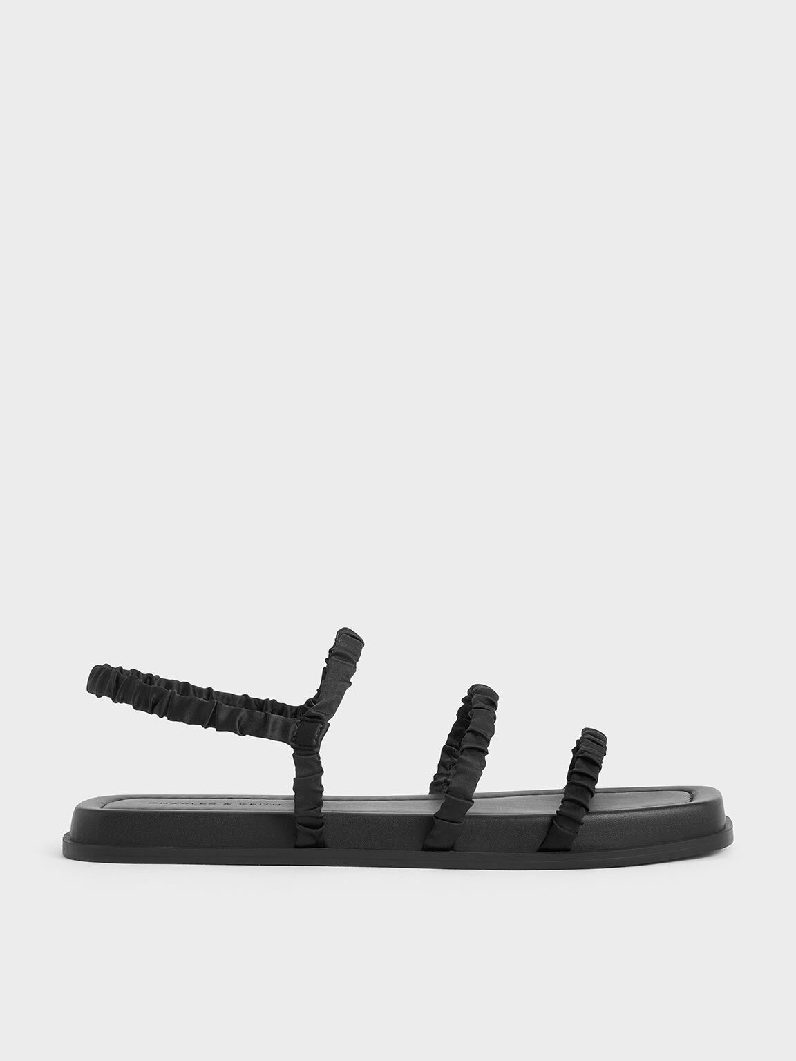 Sandalias de tiras arrugadas de poliéster reciclado, Negro texturizado, hi-res