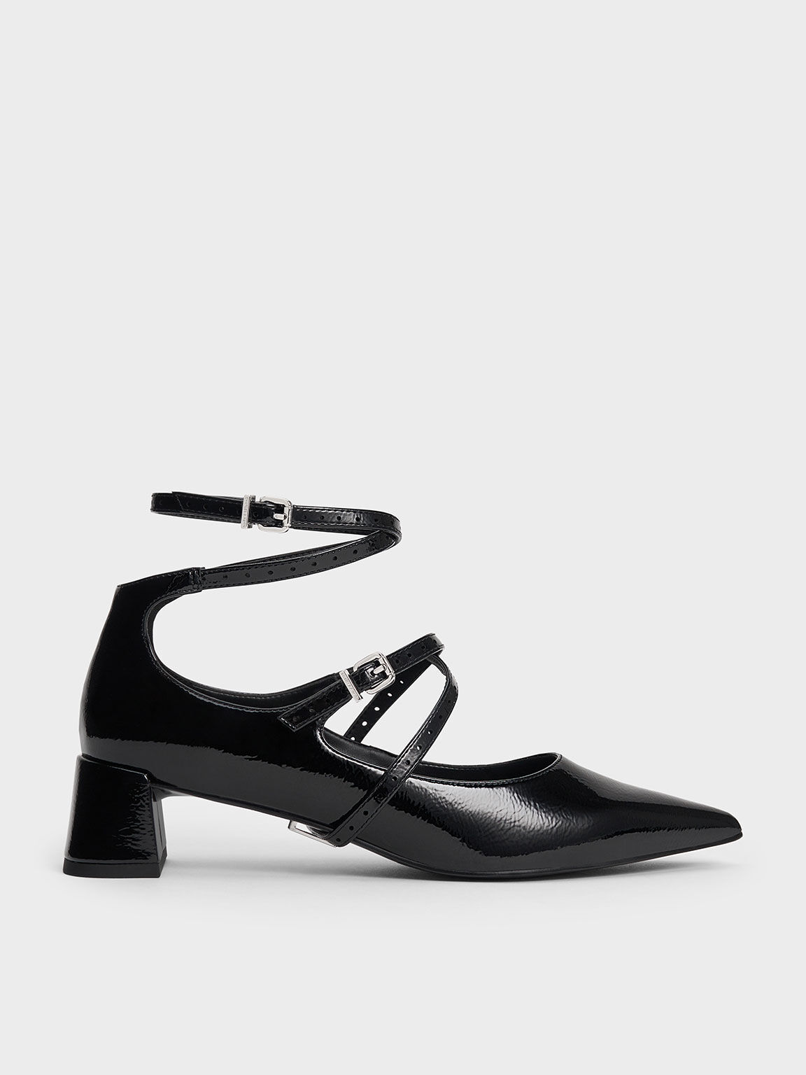 Crinkle-Effect Strappy Buckled Pumps - Black Patent
