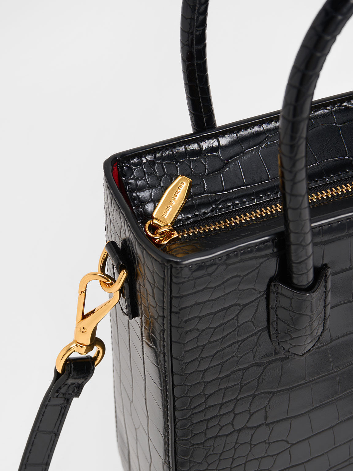 Black Croc Embossed Leather Tote Handbag with JC Emblem