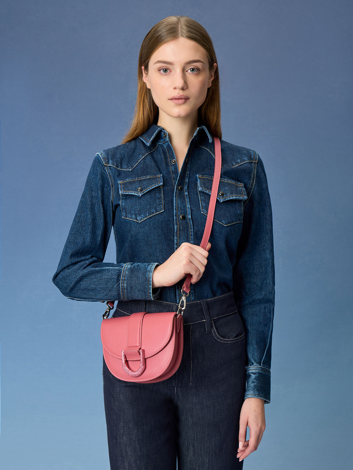 Mini Gabine Leather Saddle Bag - Coral