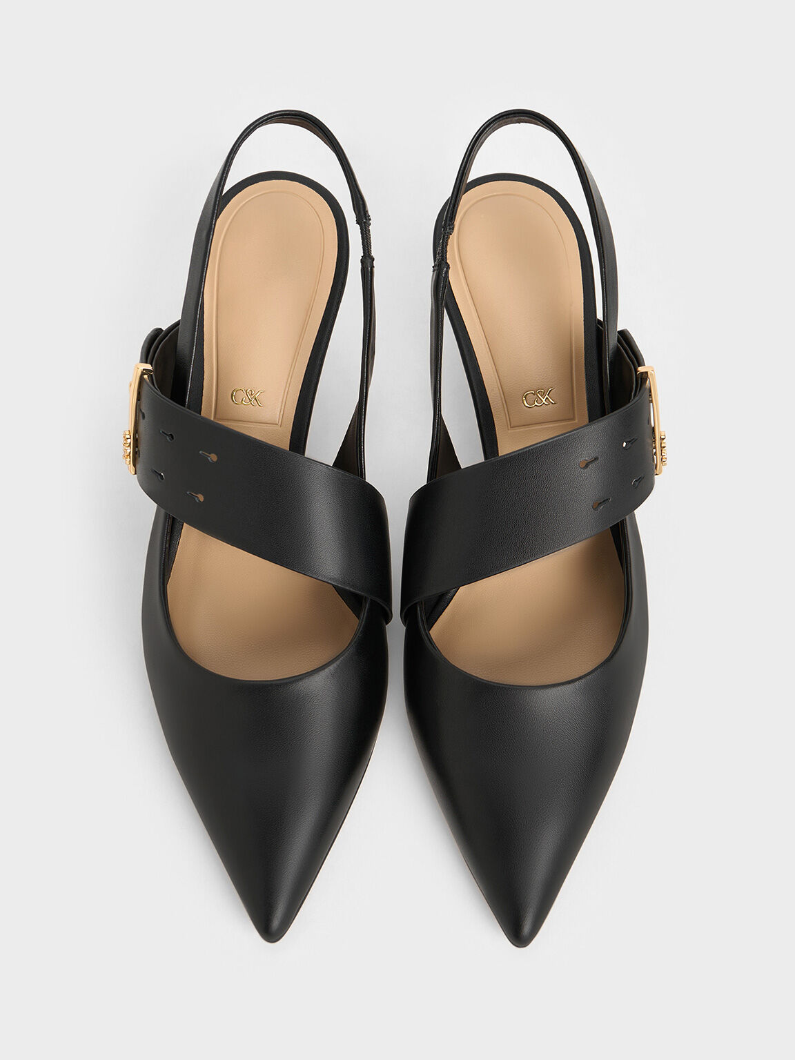 Leather Asymmetric-Strap Slingback Mary Jane Pumps, Black, hi-res