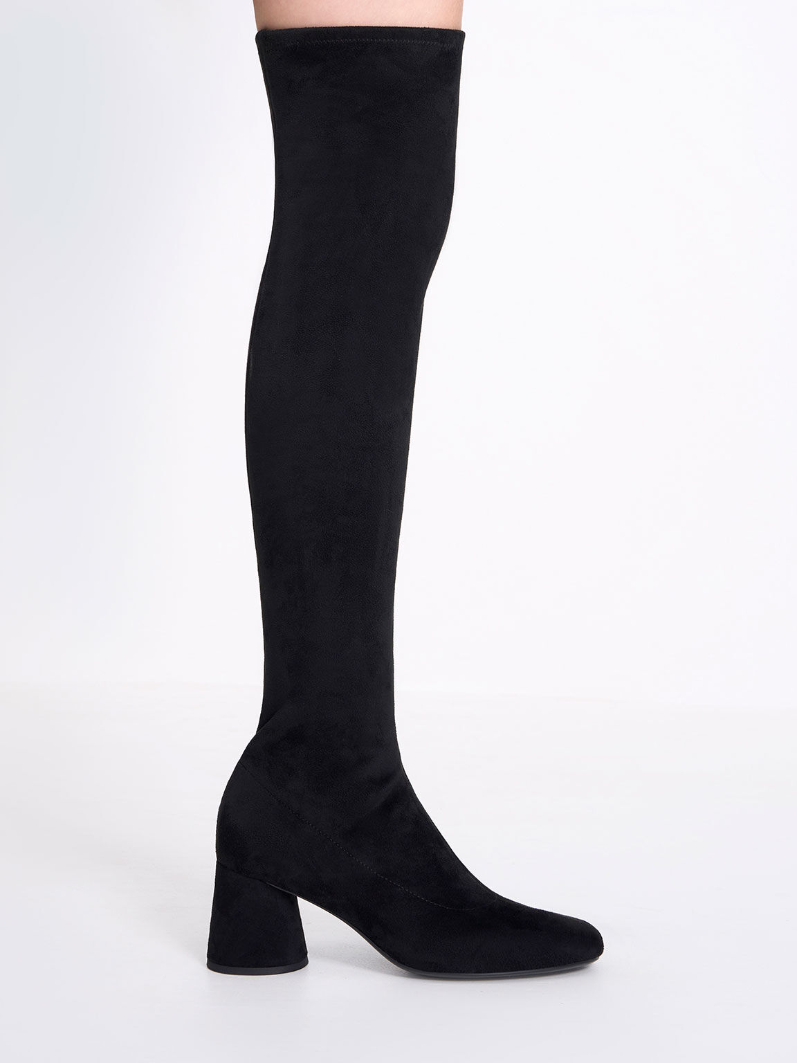 Textured Cylindrical Heel Thigh-High Boots - Black Textured