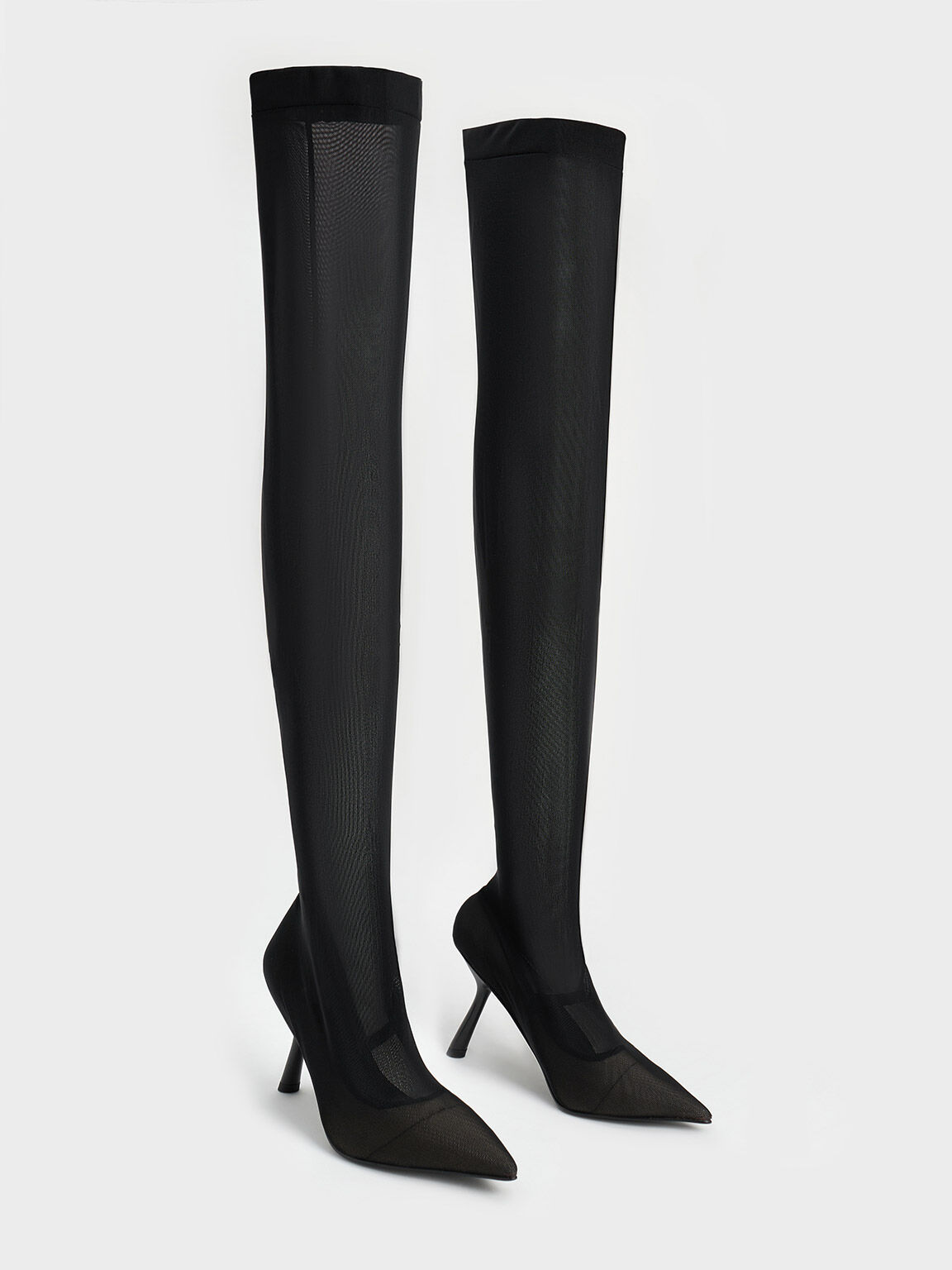 Black Mesh Slant-Heel Thigh-High Boots - CHARLES & KEITH US