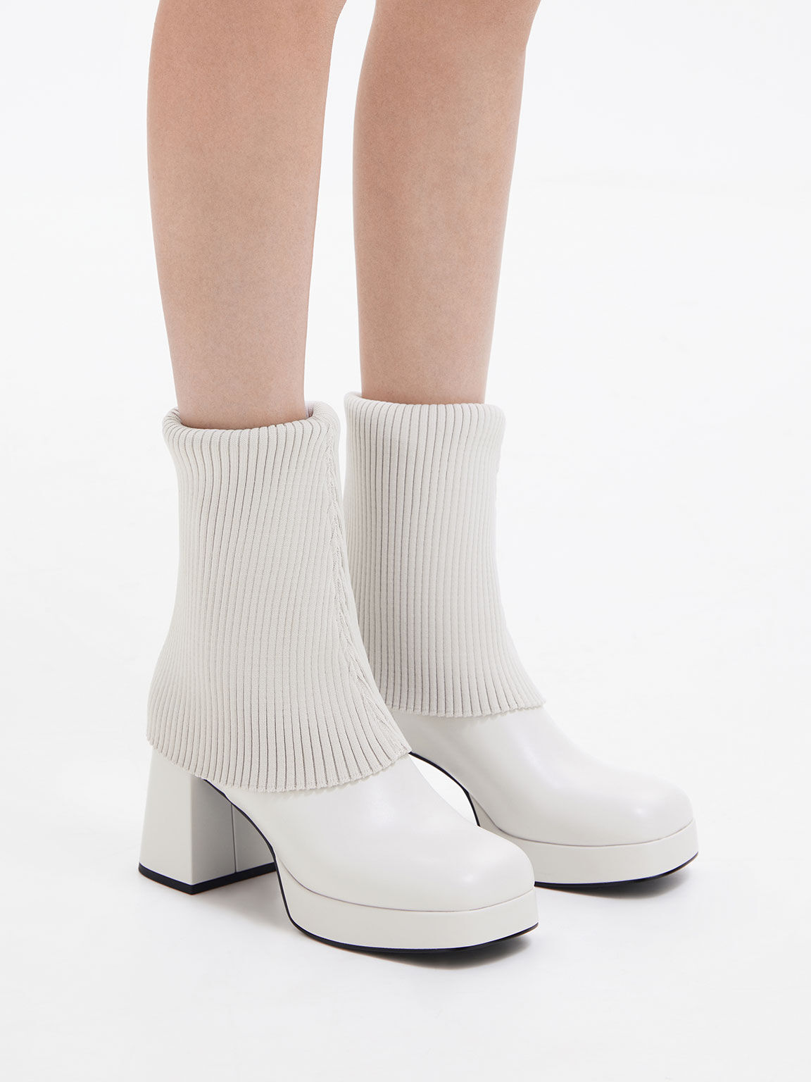 Evie Knitted-Sock Ankle Boots, White, hi-res