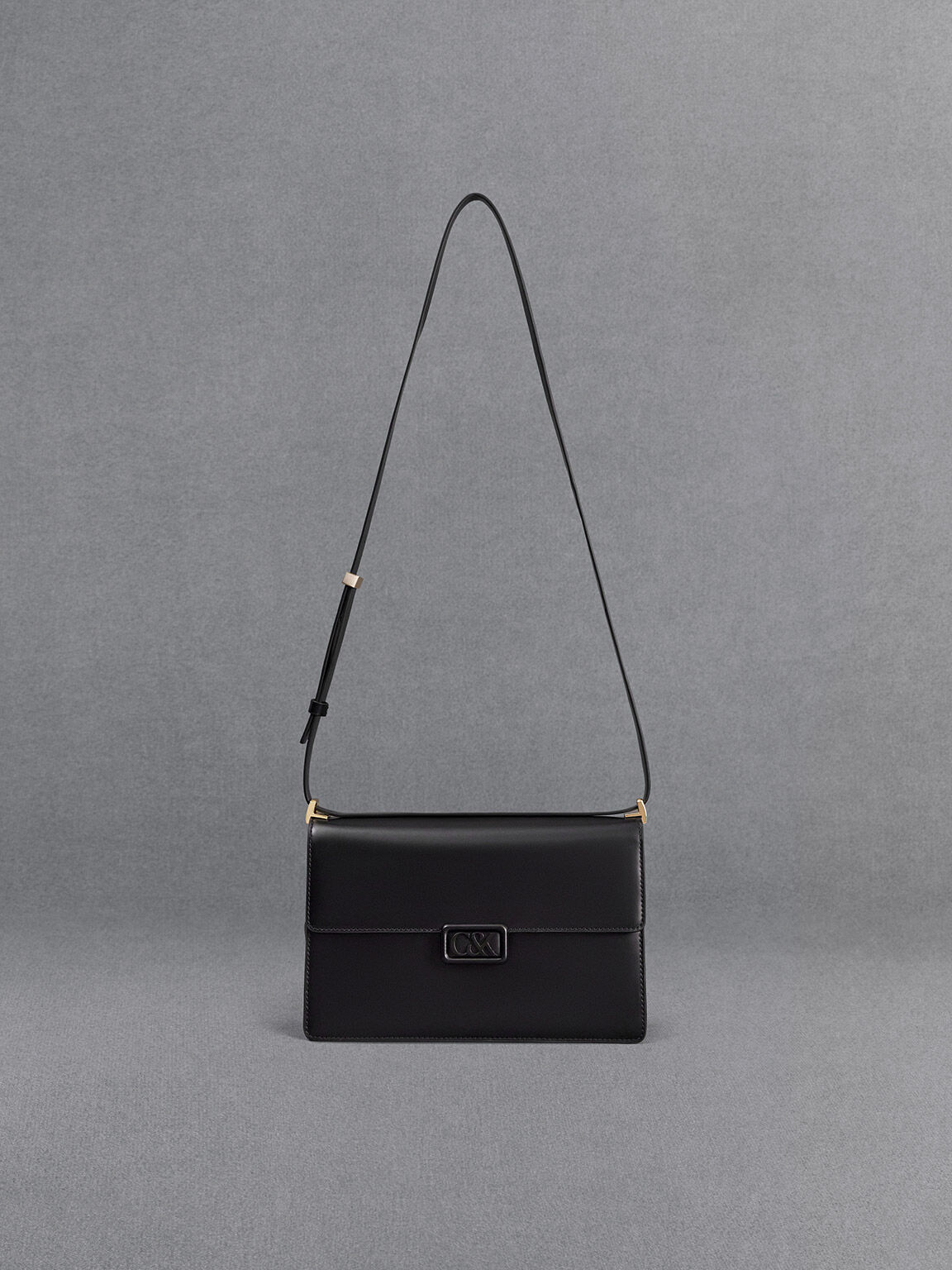 Leather Shoulder Bag, Black, hi-res