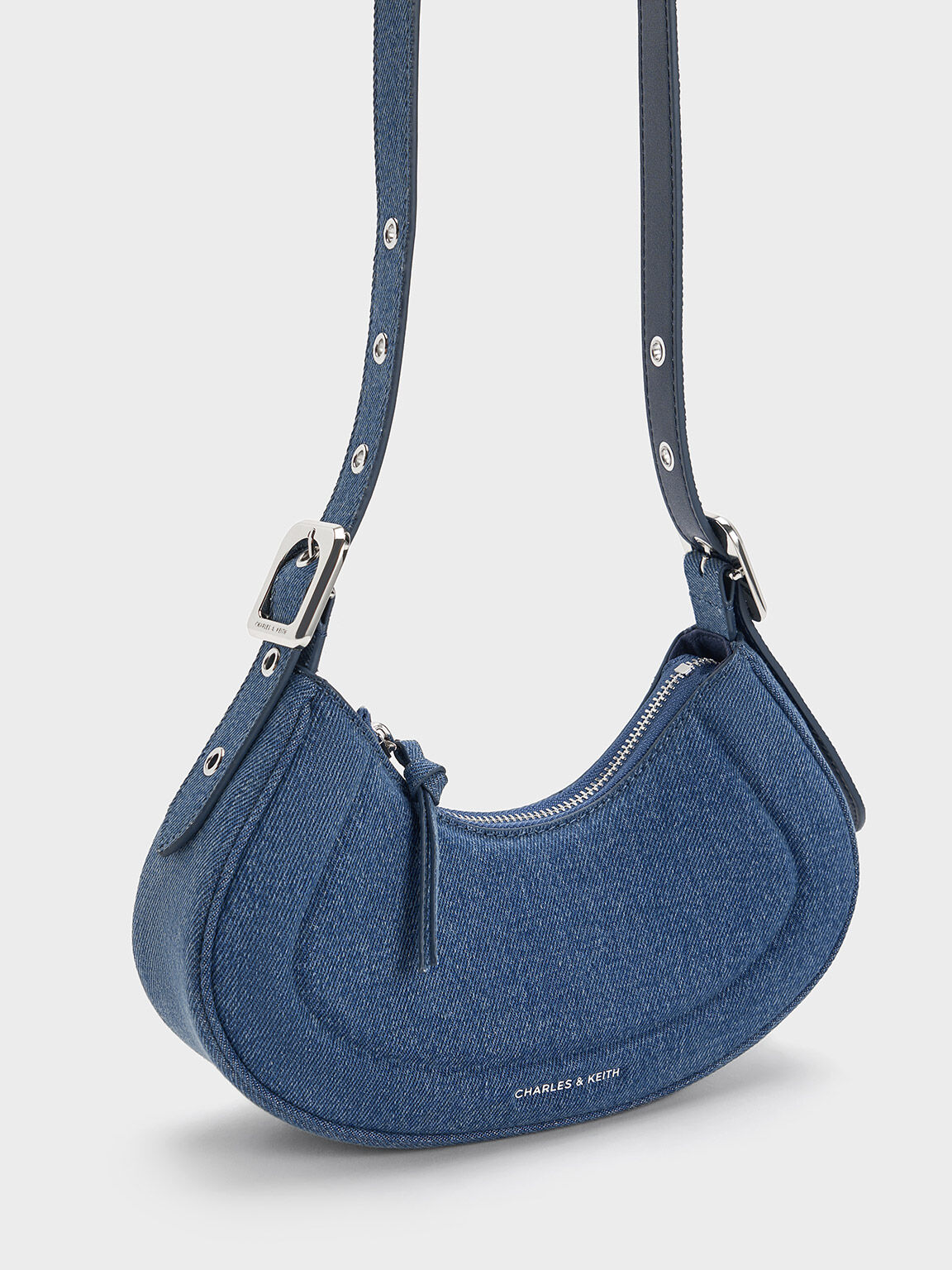 Blue Petra Denim Curved Shoulder Bag - CHARLES & KEITH KR