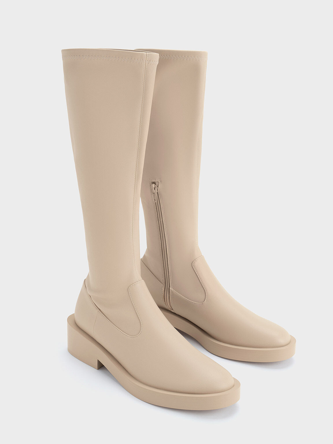 Side Zip Knee-High Boots - Beige