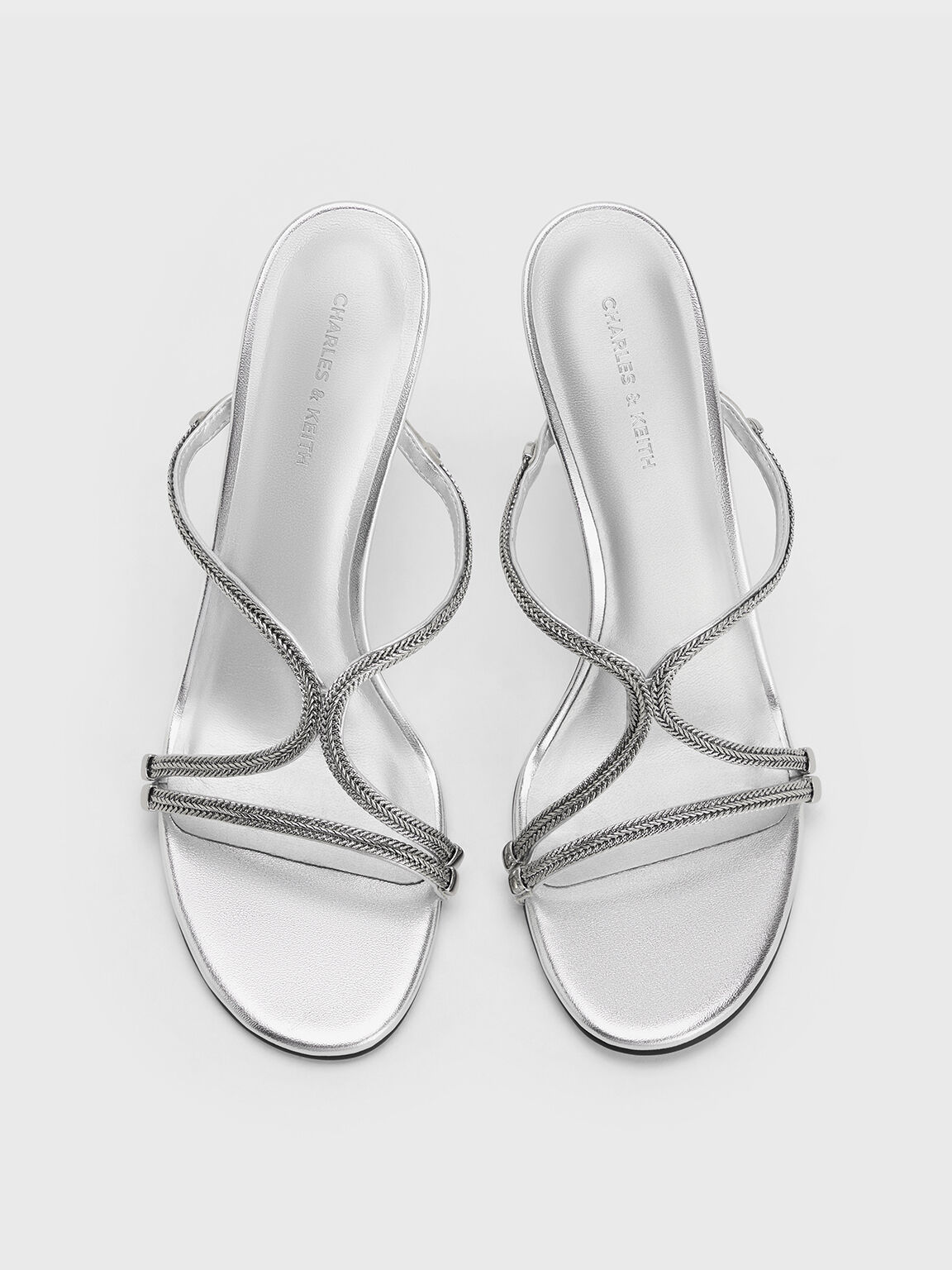 Metallic Braided Strappy Heeled Mules, Silver, hi-res