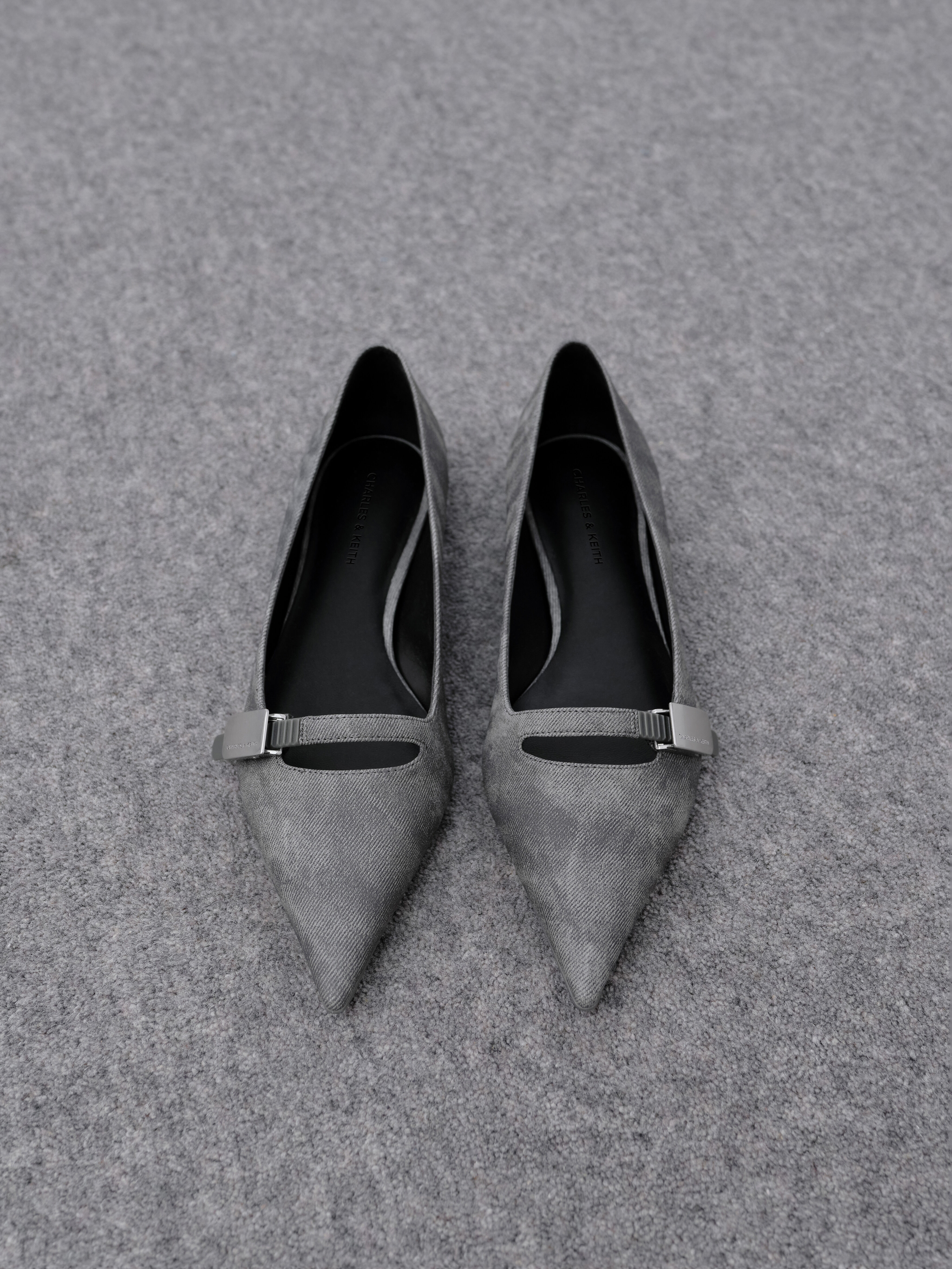 Robbie Denim-Effect Pointed-Toe Ballet Flats, Dark Grey, hi-res