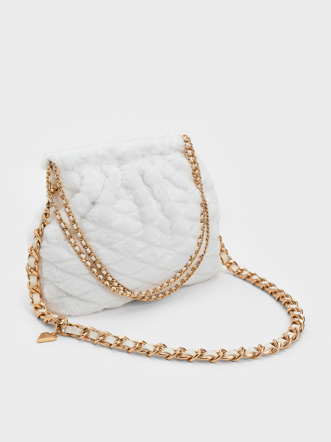 Bolso hobo Duo peludo con asa de cadena, Blanco, hi-res