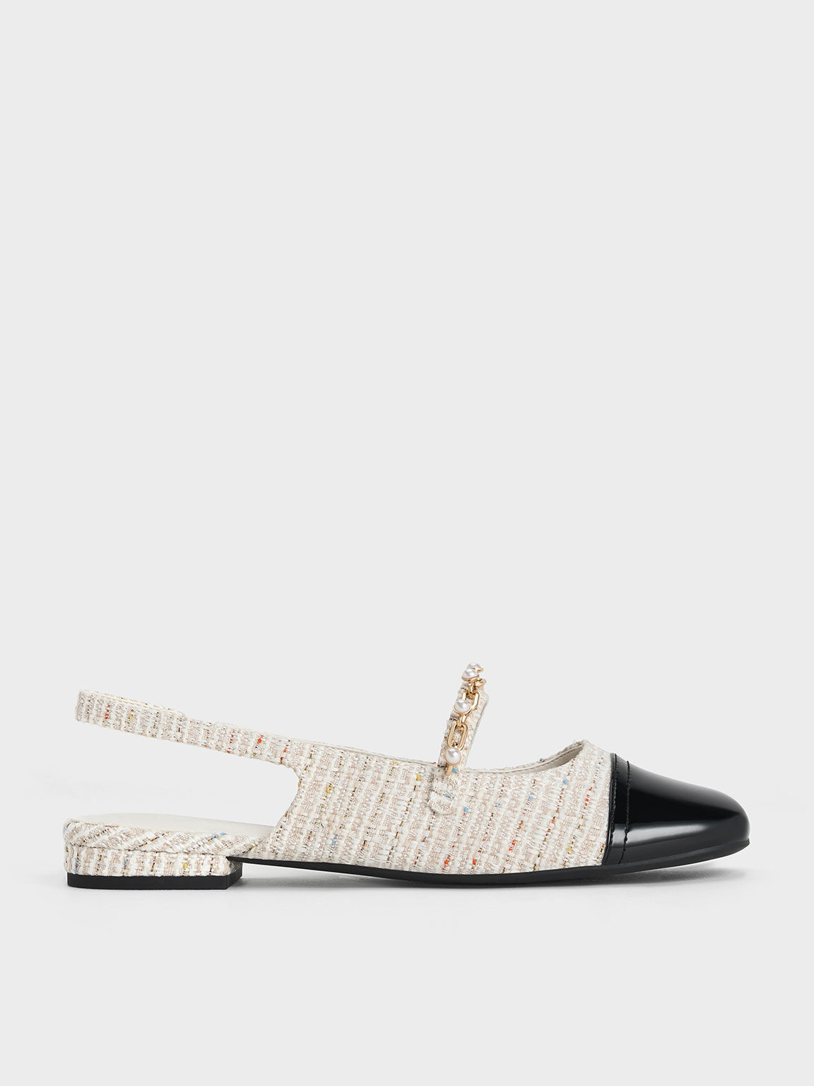 Tweed Beaded Chain-Link Slingback Flats, Cream, hi-res