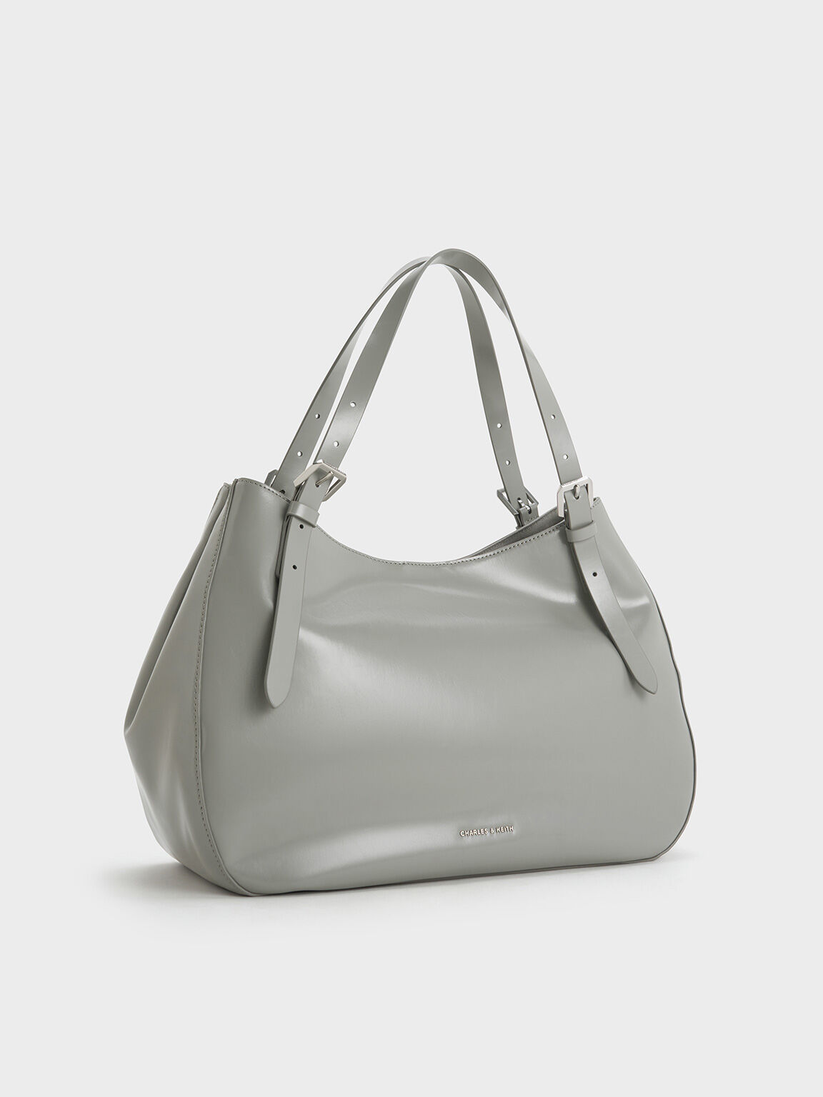 Buckle-Strap Slouchy Tote Bag, Grey, hi-res