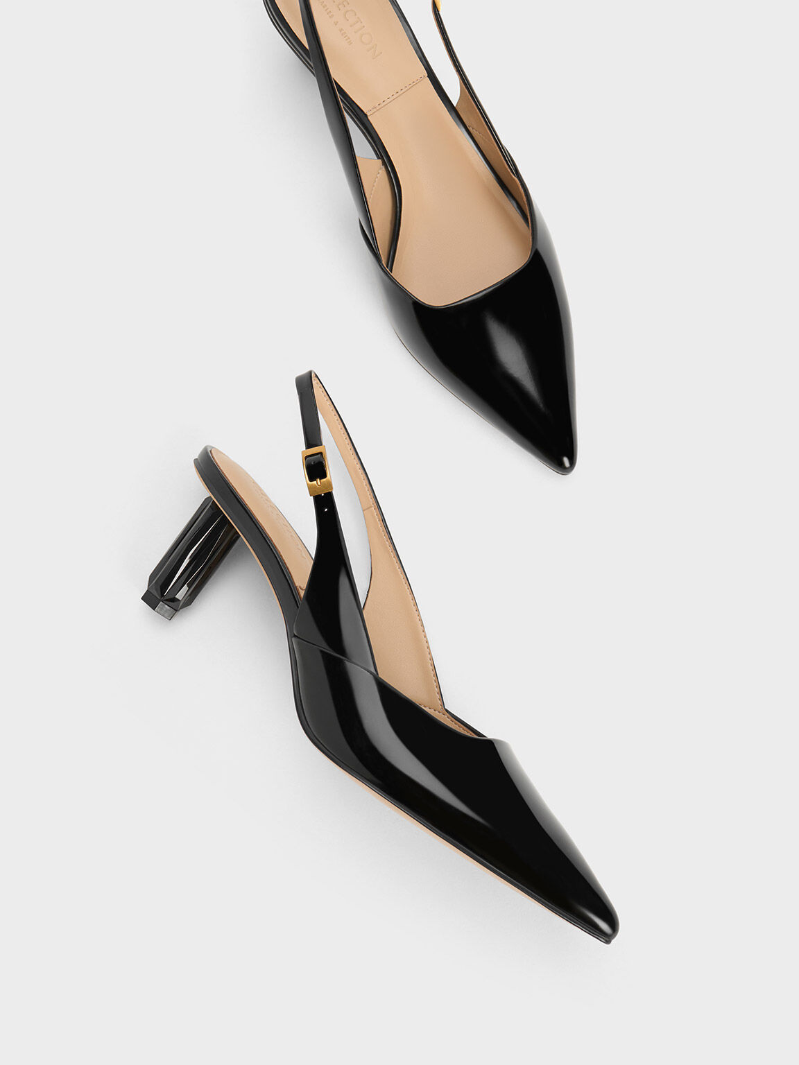 Geometric Heel Slingback Pumps, Black Box, hi-res