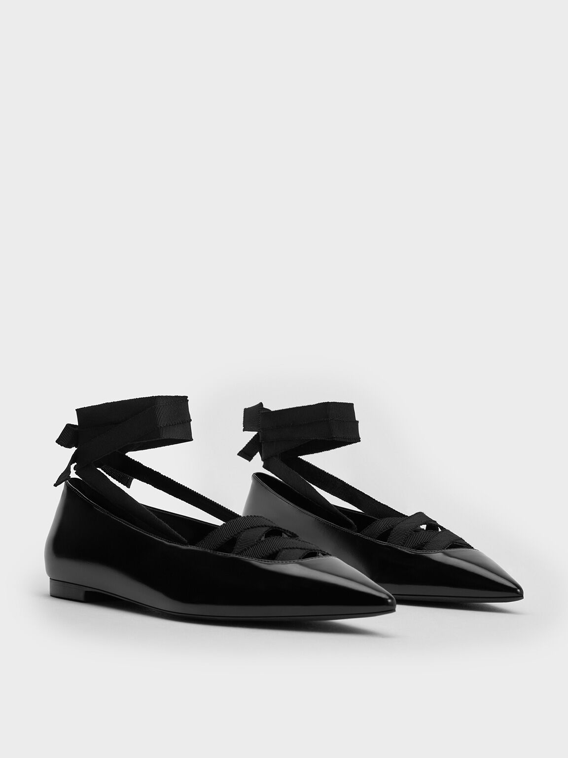 Pointed-Toe Tie-Around Ballet Flats, Black Box, hi-res