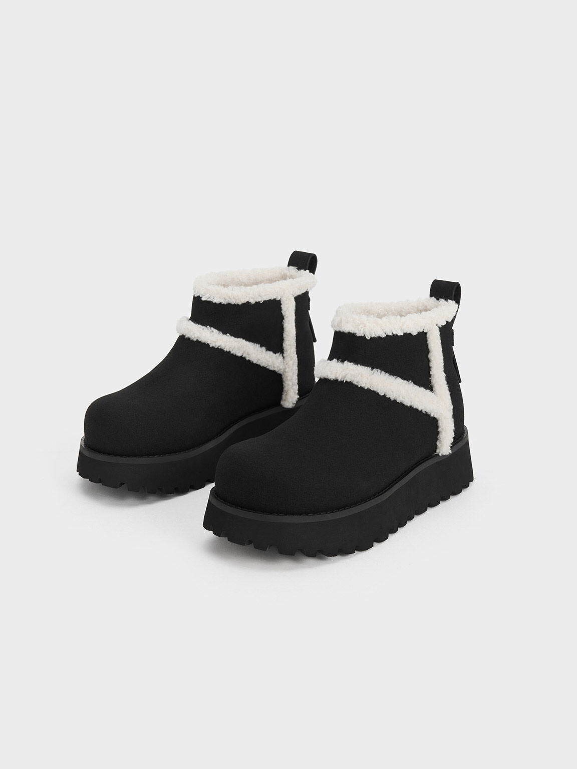 Textured Fur-Trim Flatform Ankle Boots, Black Textured, hi-res