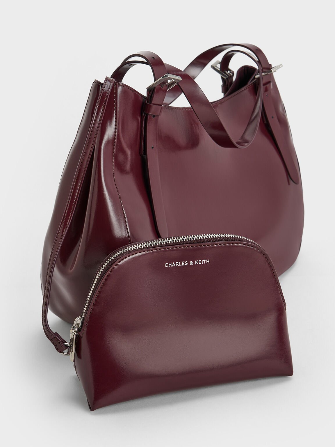 Buckle-Strap Slouchy Tote Bag, Burgundy, hi-res