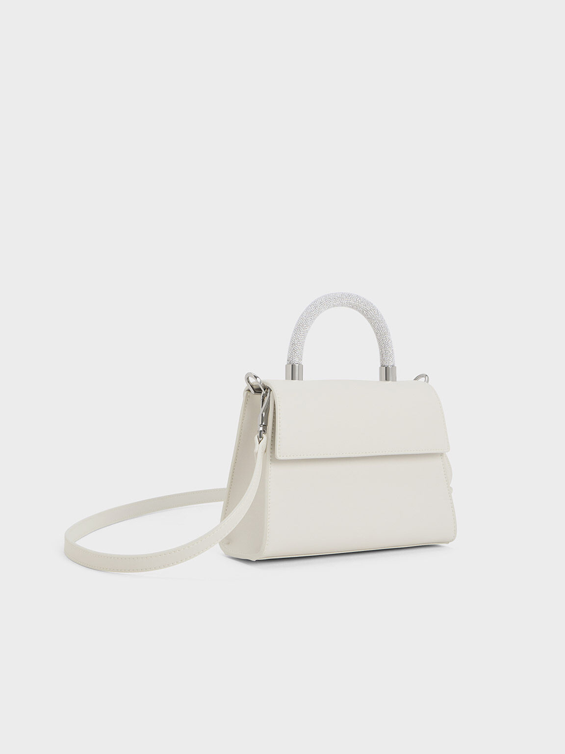 White Trapeze Crystal-Embellished Top Handle Bag - CHARLES & KEITH 