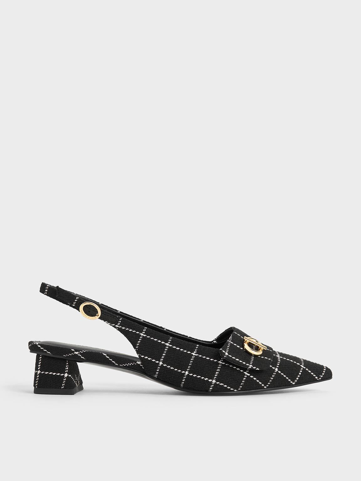 Tweed Metallic-Accent Pointed-Toe Slingback Pumps, Black Textured, hi-res