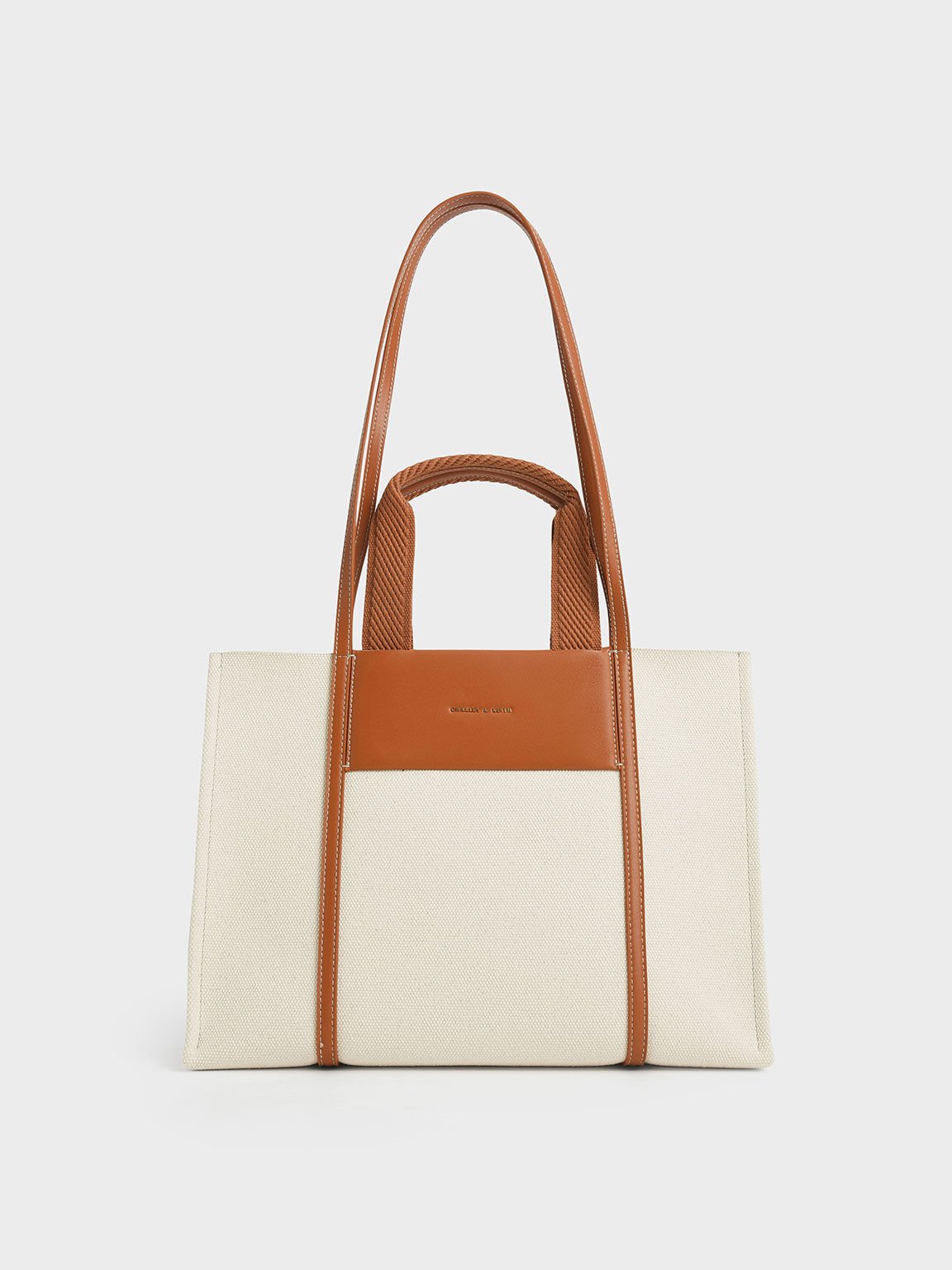 BEIGE CANVAS AND BROWN LEATHER TOTE BAG