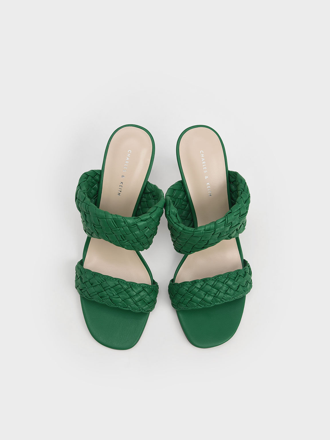 Double Strap Woven Heeled Mules - Green
