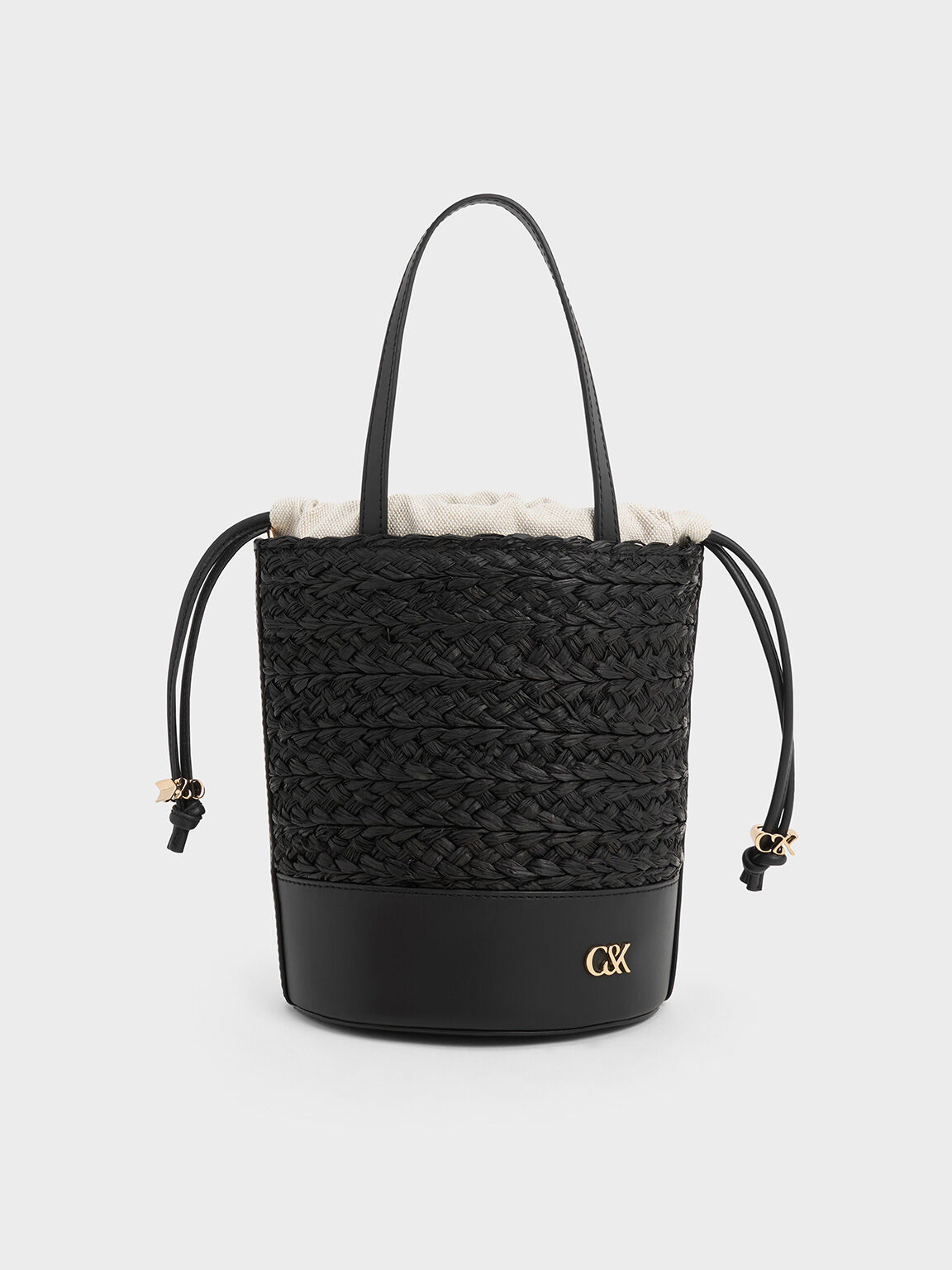 Leather & Raffia Bucket Bag, Black, hi-res
