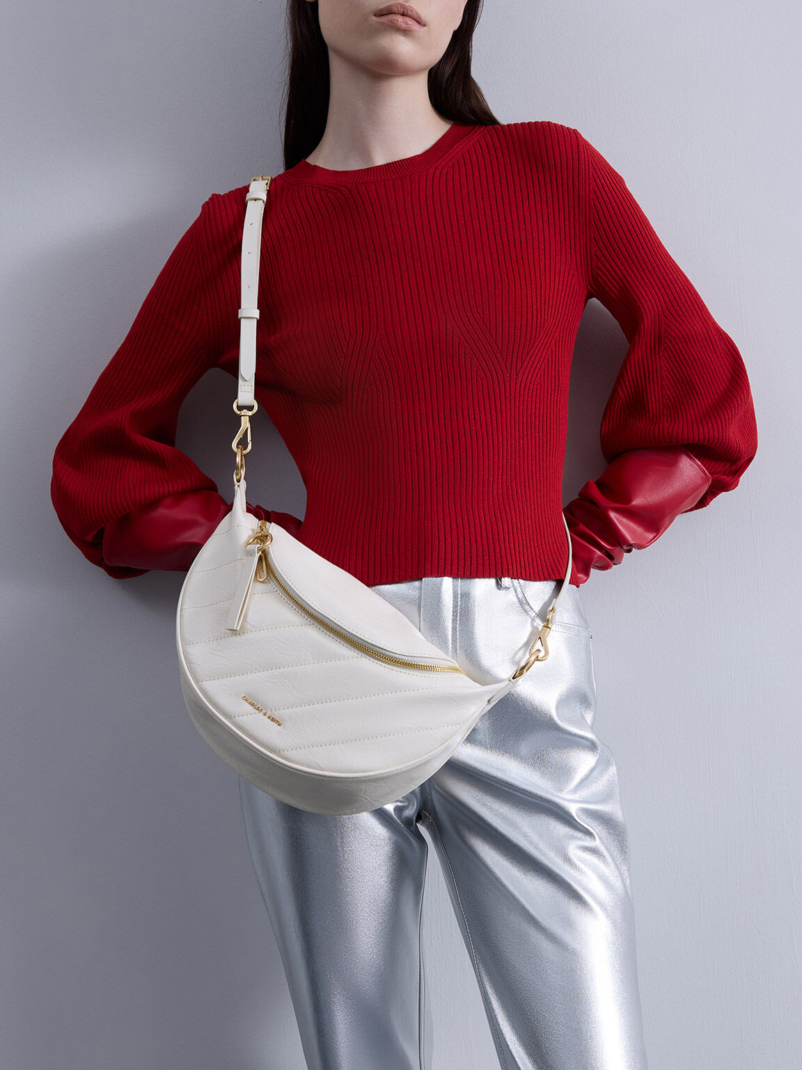 Philomena Crinkle-Effect Half-Moon Crossbody Bag, Cream, hi-res