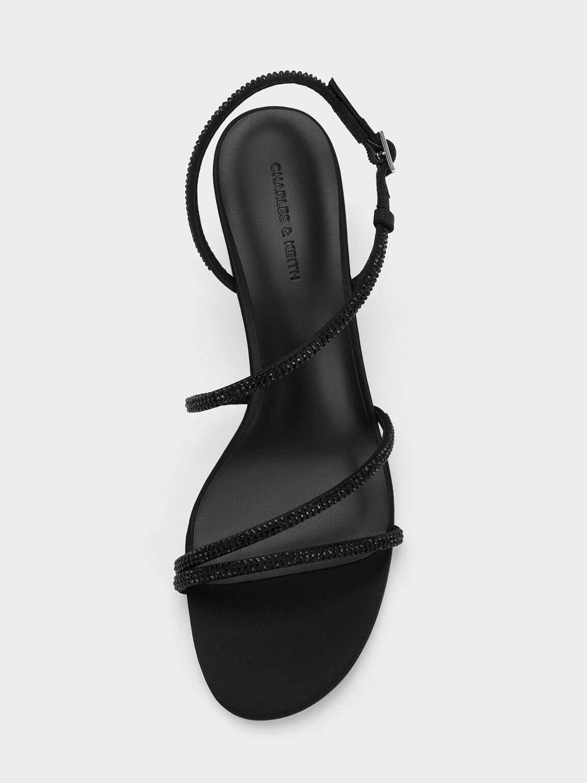 Satin Crystal-Embellished Strappy Sandals, Black Textured, hi-res