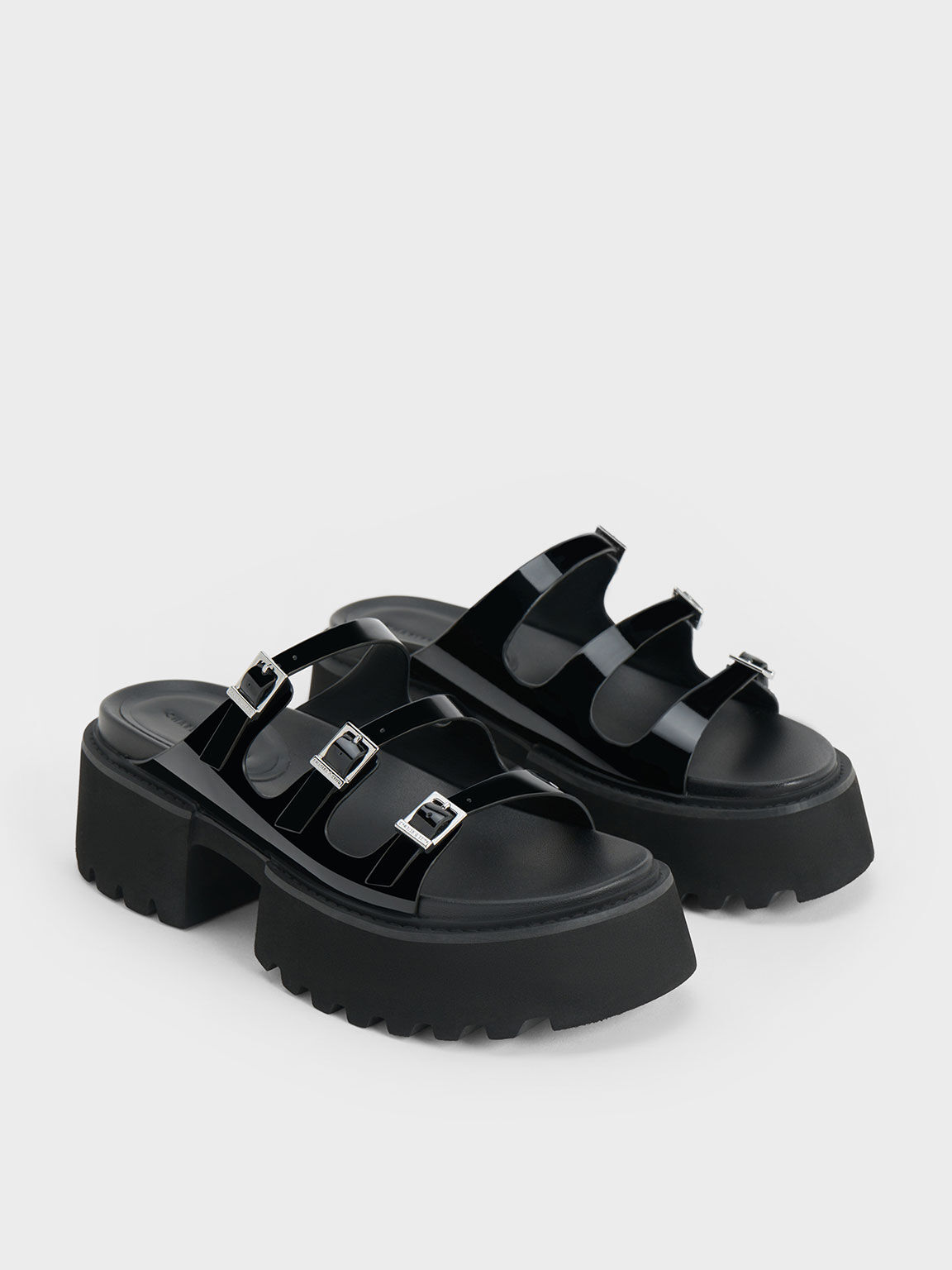 Nadine Patent Triple-Strap Platform Sandals, Black Patent, hi-res