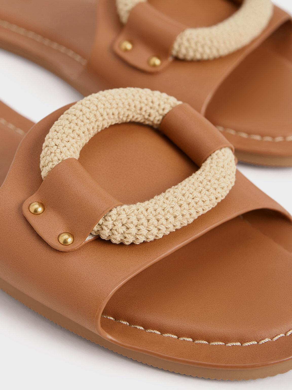 Raffia Ring Slide Sandals, Brown, hi-res