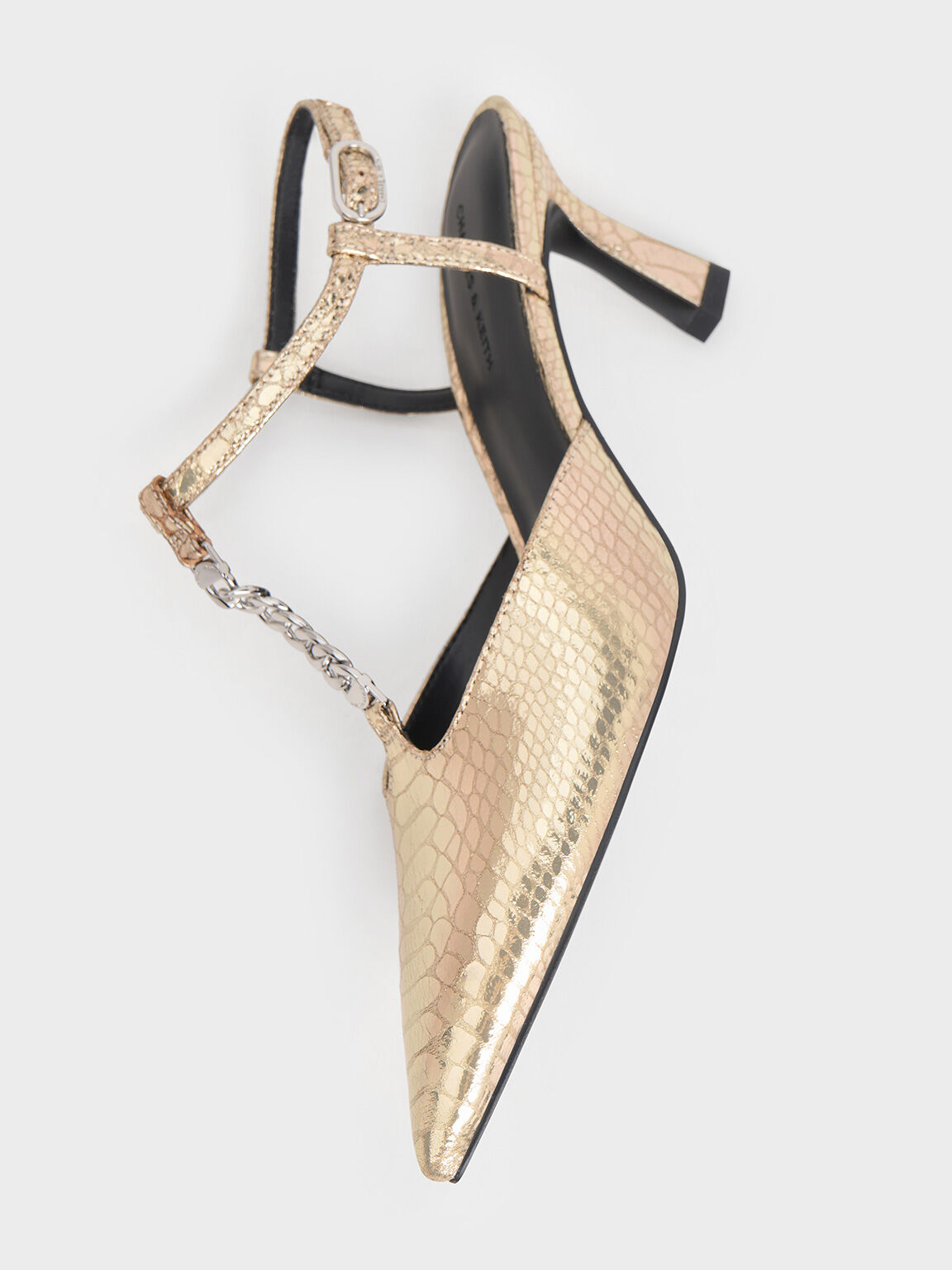 Metallic Snake-Effect T-Bar Chain-Link Pointed-Toe Pumps, Animal Print Gold, hi-res