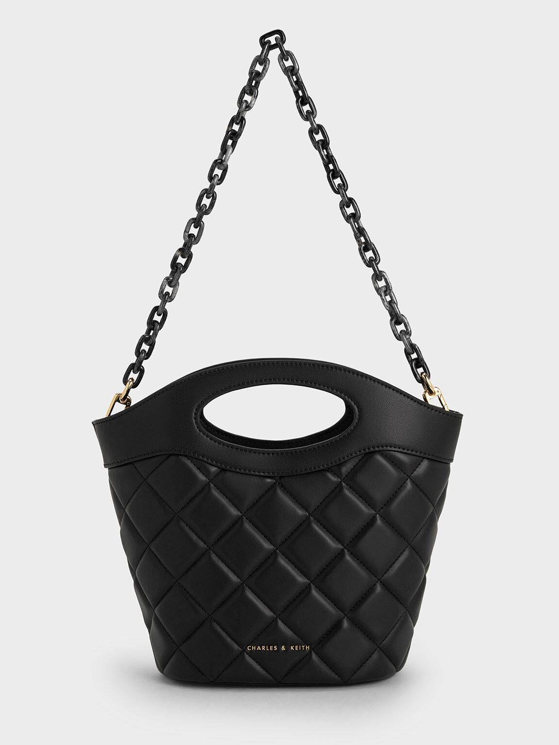 Quilted Chain-Link Curved-Handle Bucket Bag, Black, hi-res