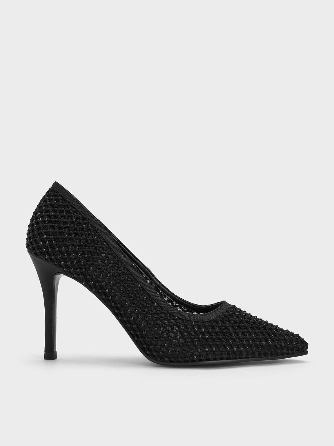 Mesh Crystal-Embellished Pointed-Toe Pumps, Black Textured, hi-res