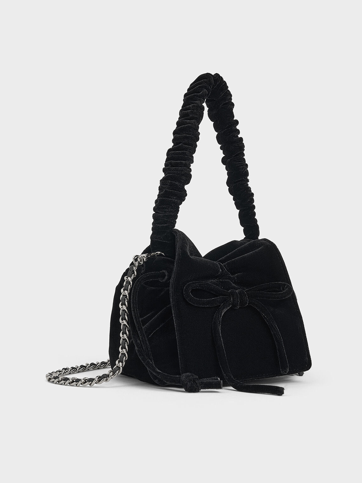 Velvet Bow Ruched Top Handle Bag, Black, hi-res