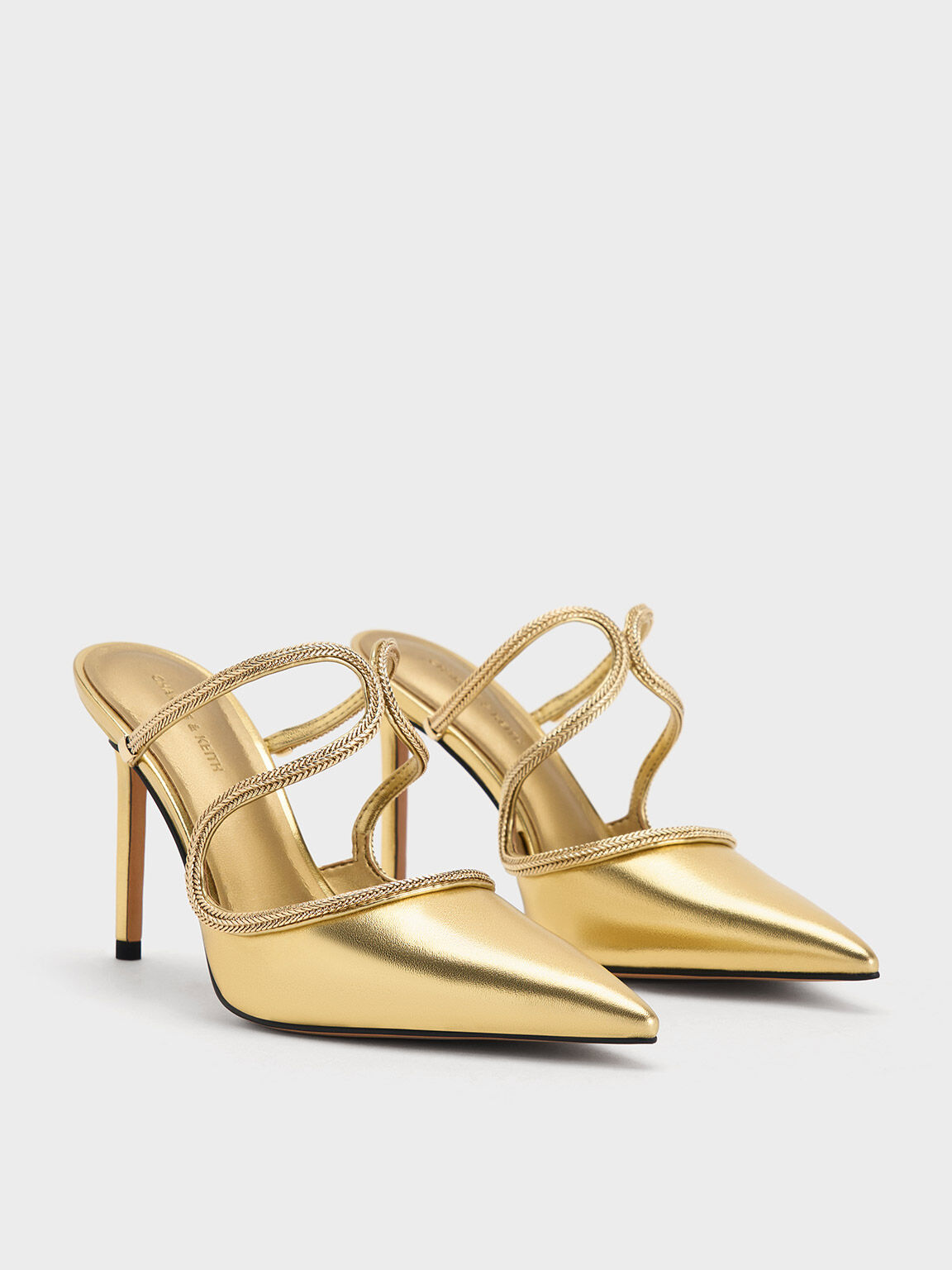 Metallic Braided-Strap Stiletto-Heel Mules, Gold, hi-res