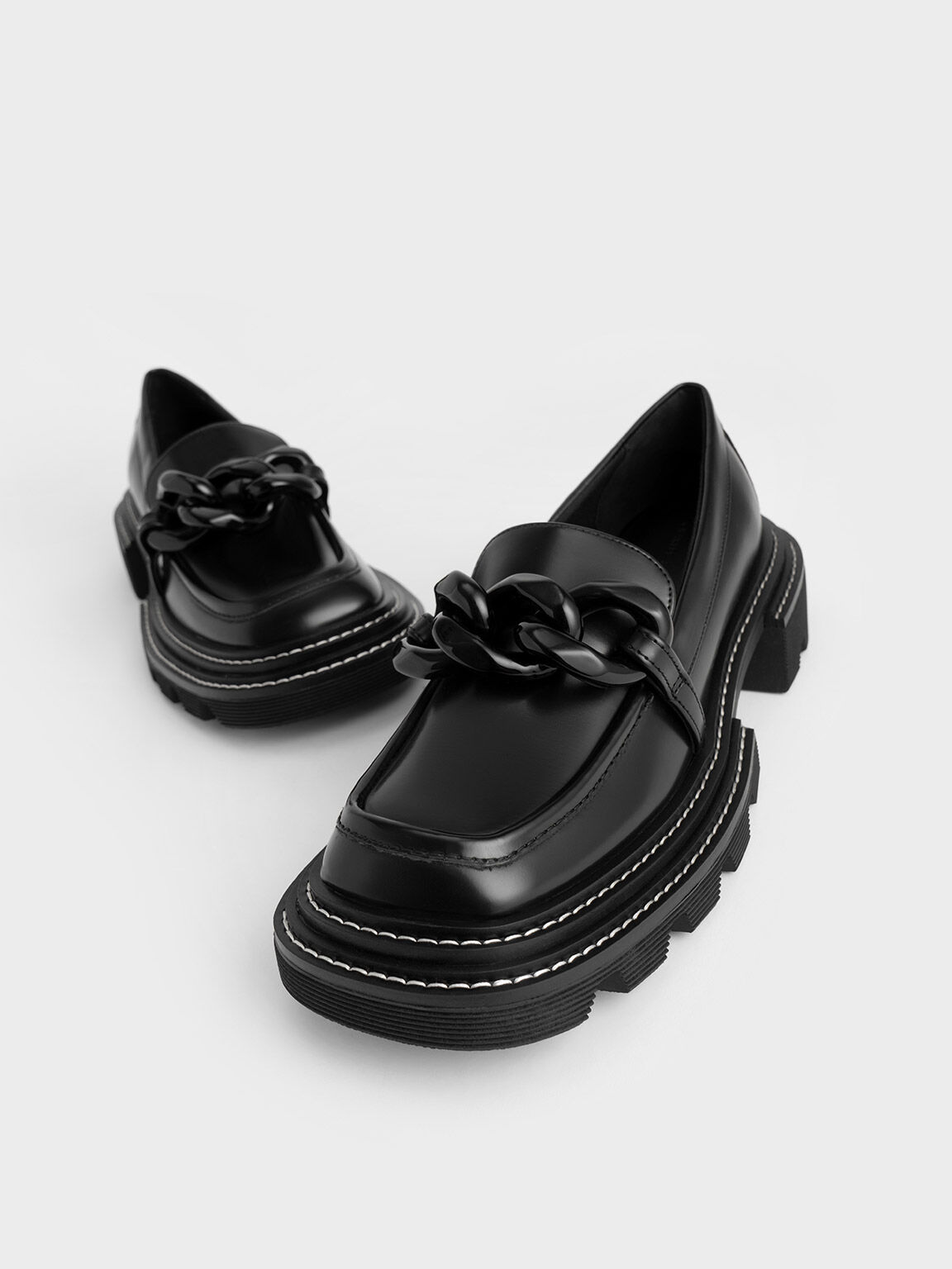Black Perline Chunky Chain Loafers - CHARLES & KEITH KH
