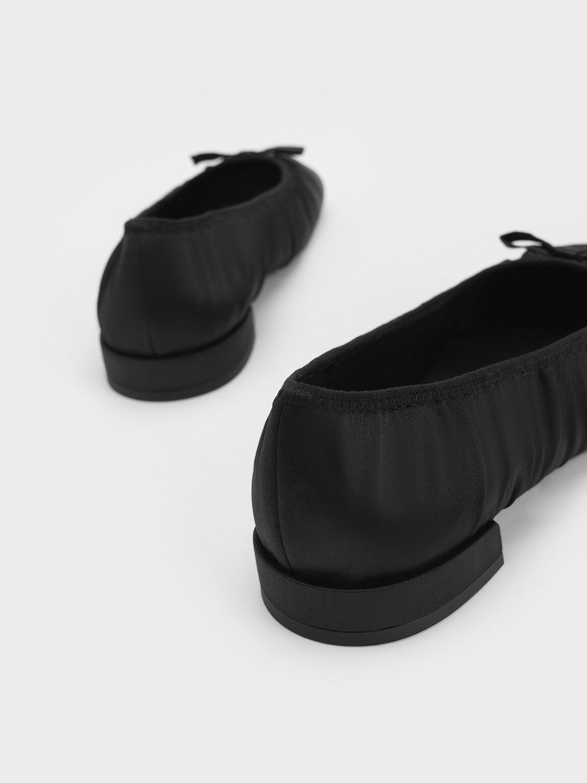 Bow Ruched Satin Ballerinas, Black Textured, hi-res