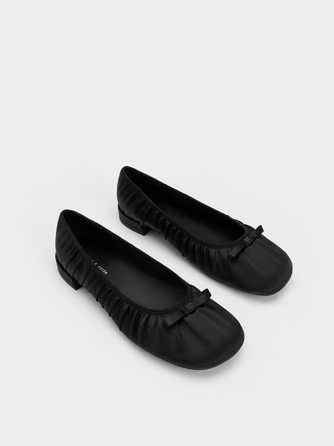 Bow Ruched Satin Ballerinas, Black Textured, hi-res