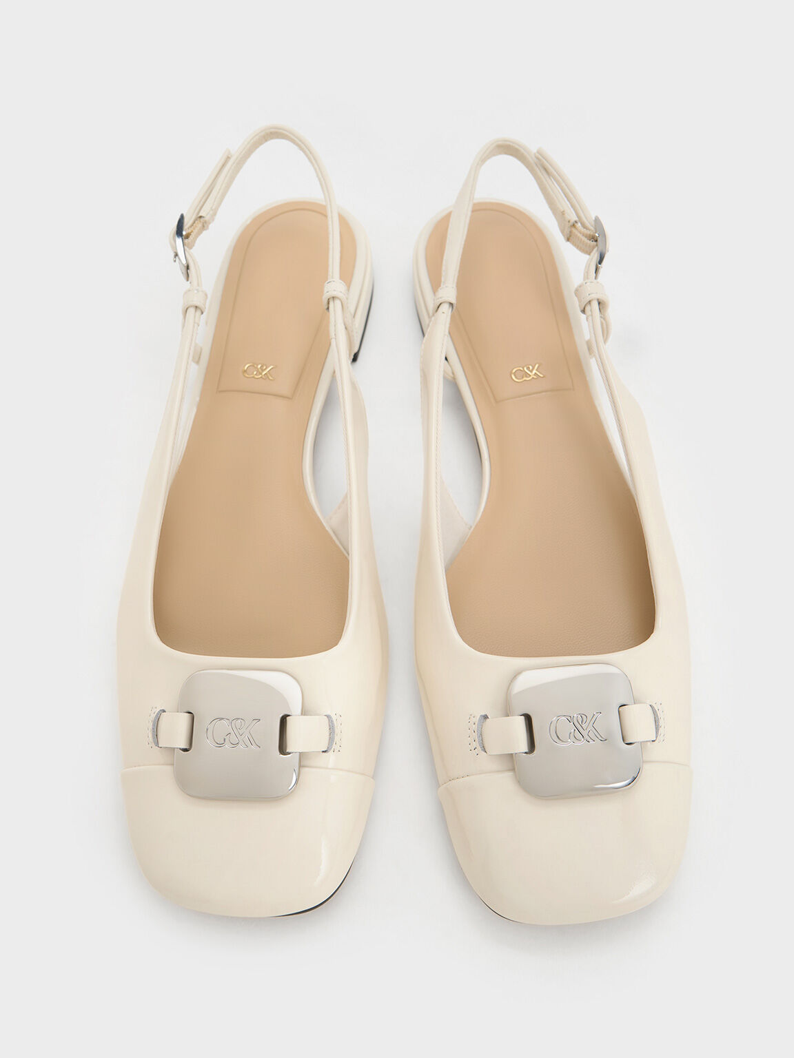 Patent Leather Metallic-Accent Slingback Flats, White, hi-res