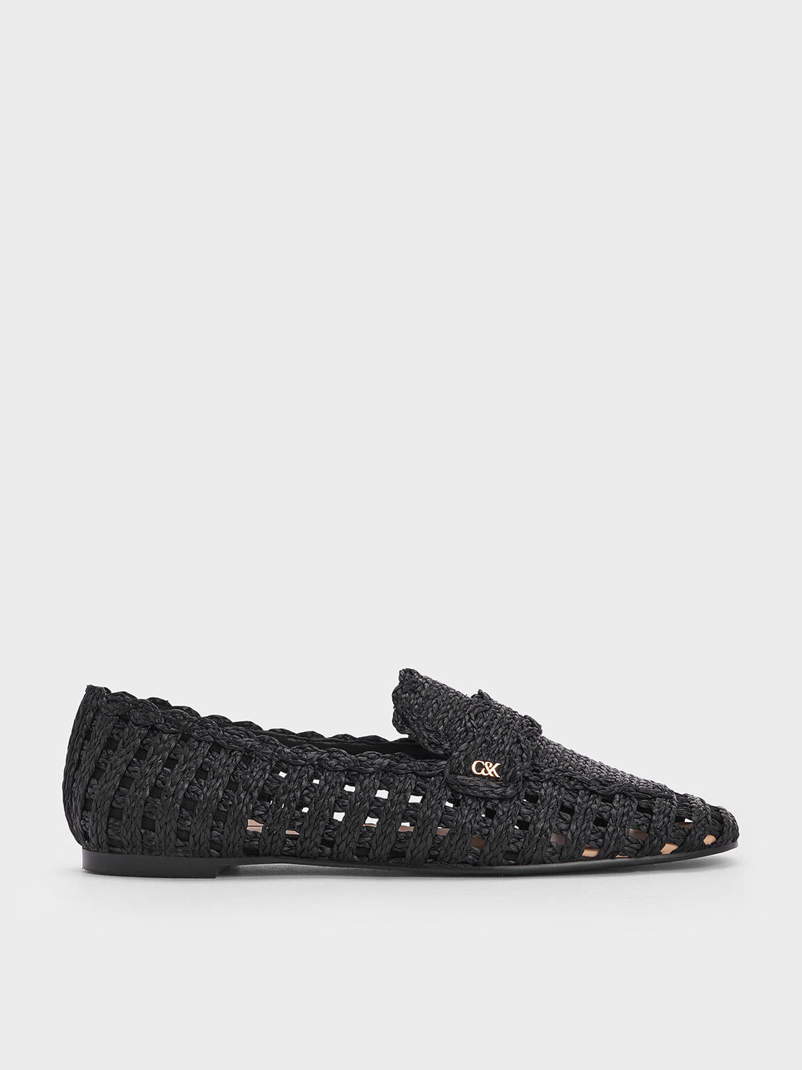 Raffia Woven Loafers, Black Textured, hi-res